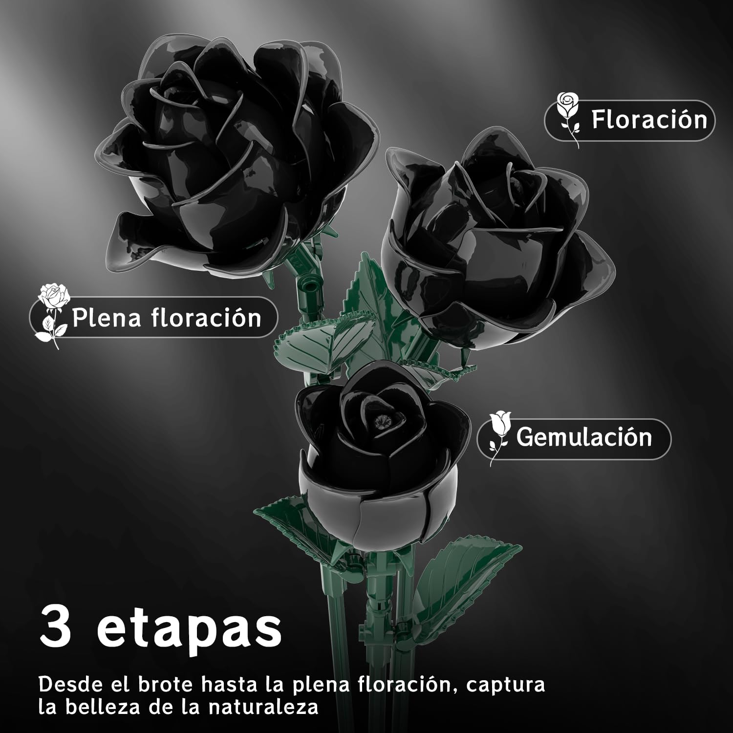 Mavo brix Set de Ramo de Rosas Negras, Colección Botánica de Flores Artificiales para Adultos, Decoración Gótica para el Hogar Mujeres y Niñas, 585 Piezas