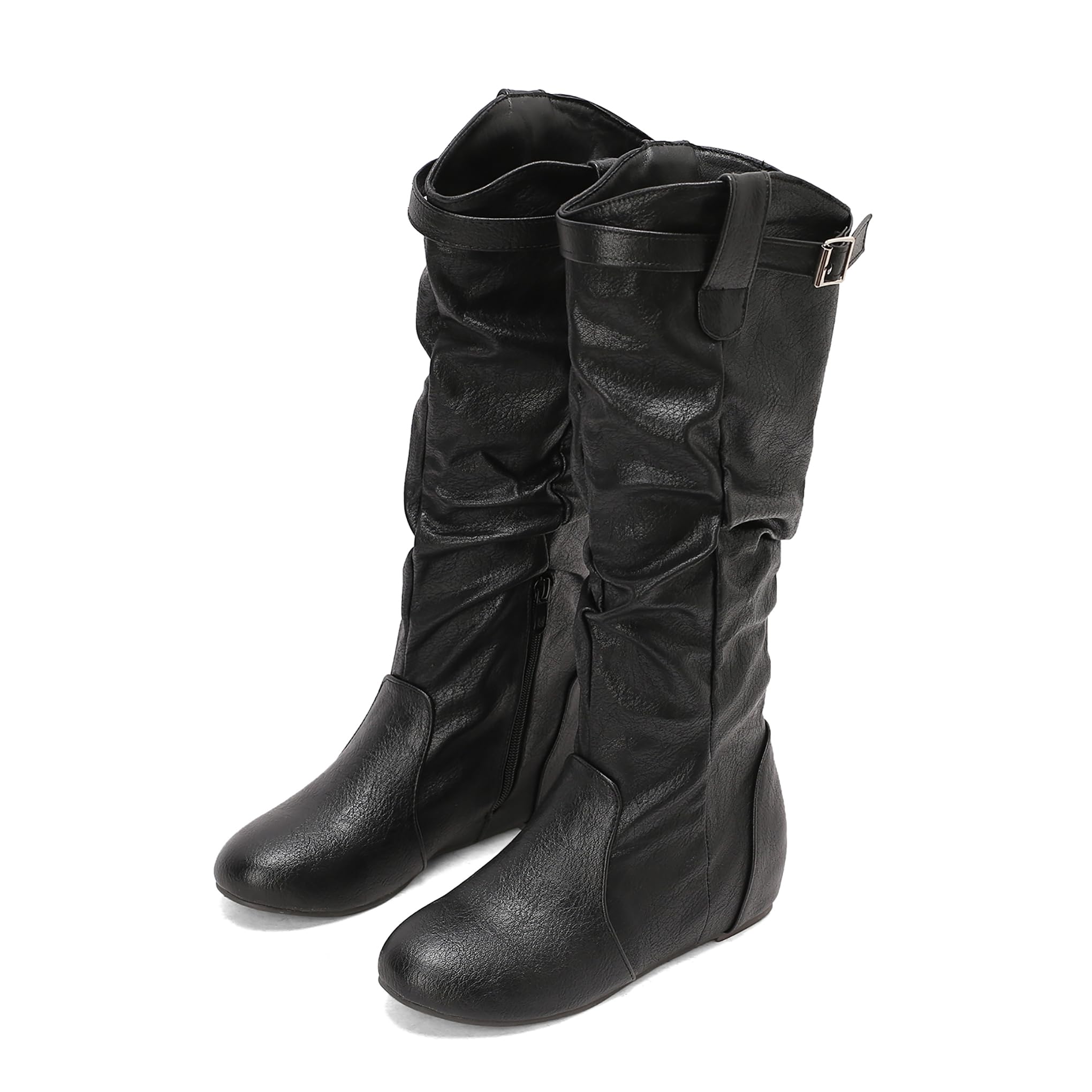 Bviennic Botas Rodilla Mujer Mid Tacón de Cuña Casual Punta Rojoonda Zip Slouch 2593, Talla 34-48