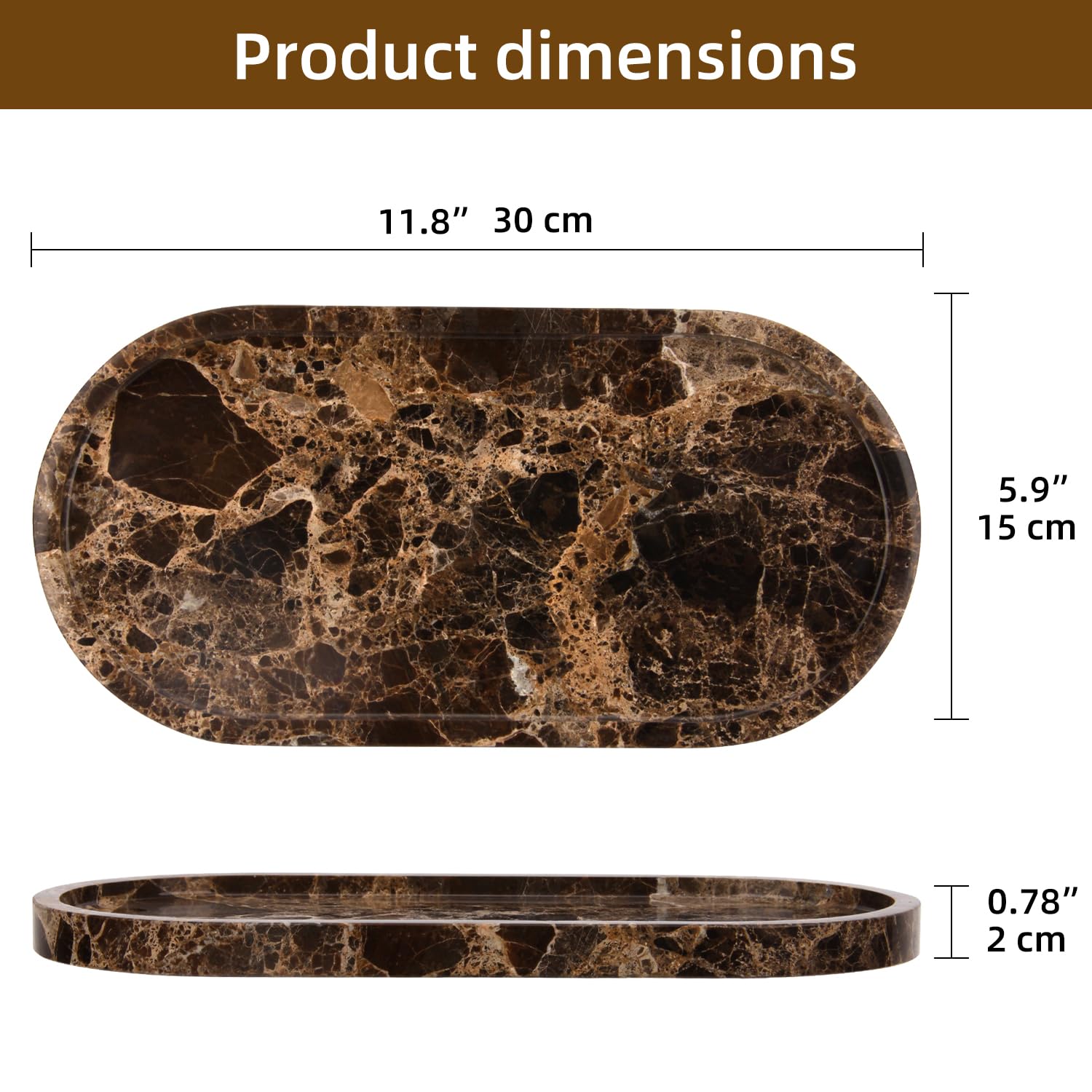 Bandeja Ovalada de Mármol, Marrón Oscuro, 30 x 15 x 2 cm | Natural, Lujo, Bandejas Baño, Decorativas para Perfume, Joyas, Maquillaje, Tejidos, Toallas, Plantas