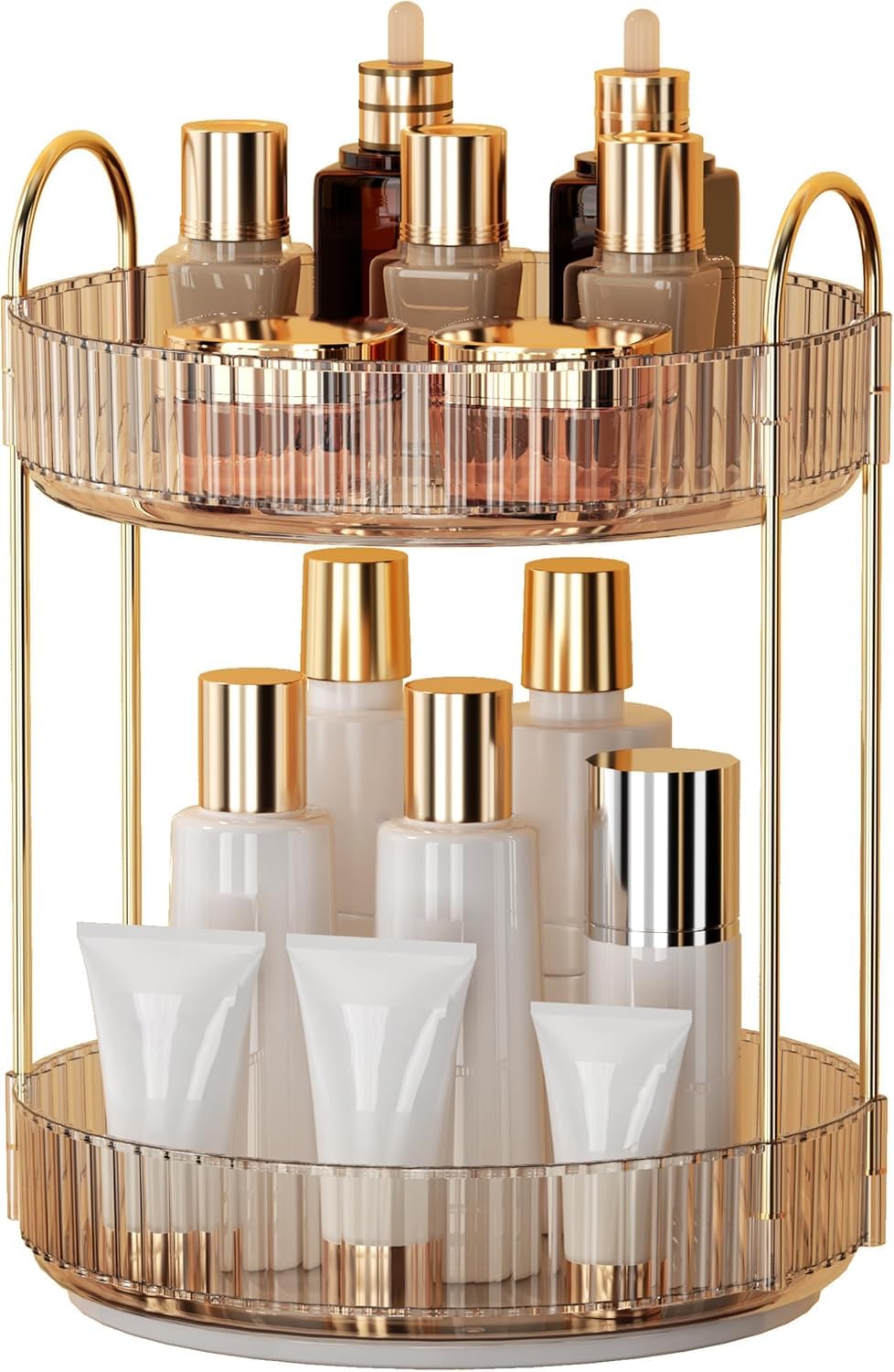 INOVERA (LABEL) 360° Rotation Makeup Organizer for Women, Girls & Bride - Dressing Table Cosmetic Storage Case - Bathroom Vanity Skincare Holder Organiser (2 Tier, Brown)