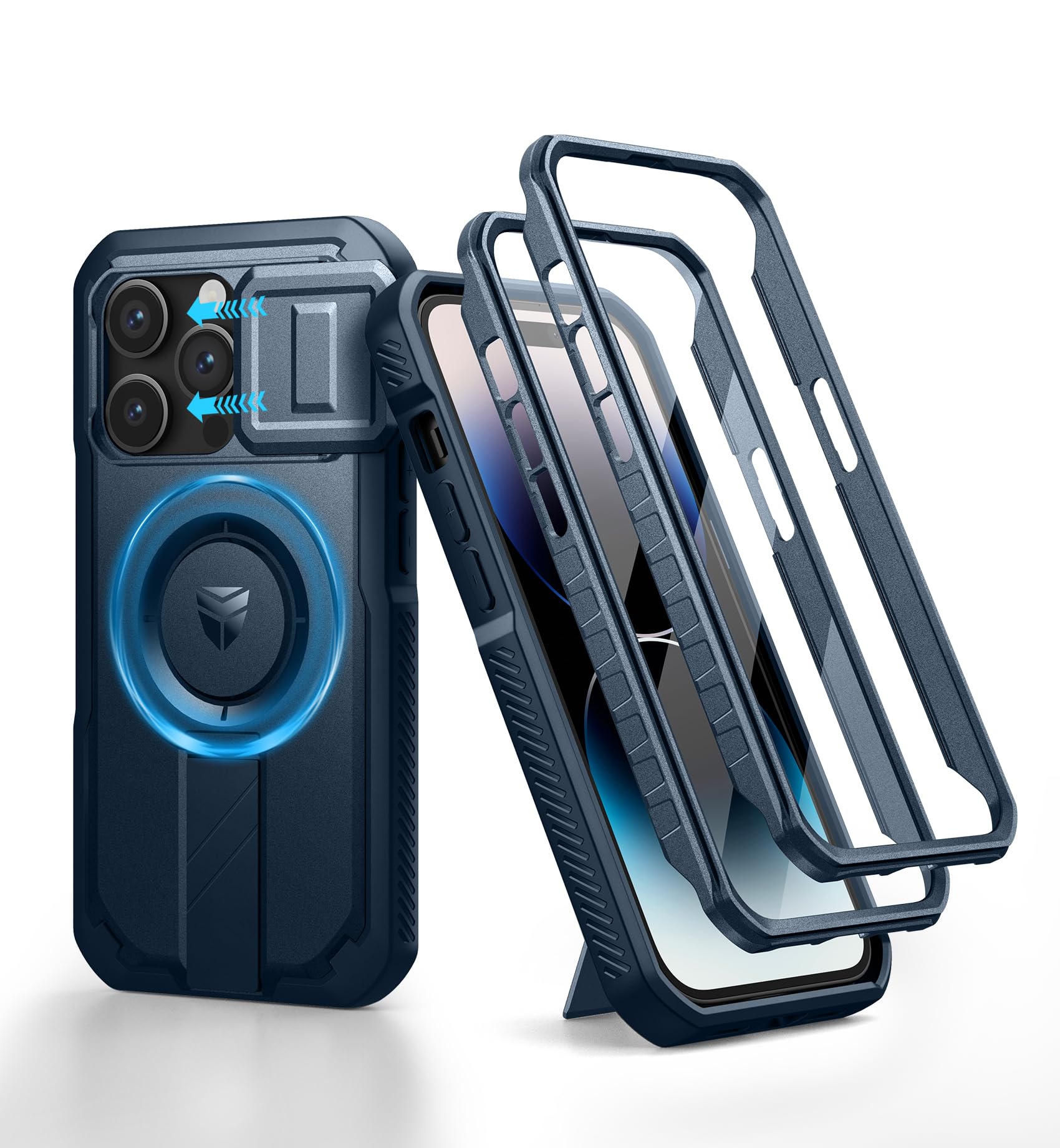 Dexnor Magnetic Case for iPhone 14 Pro - Shockproof Heavy Duty Case with Sliding Camera Cover & Adjustable Kickstand & Built-in Screen Protector (Blue)