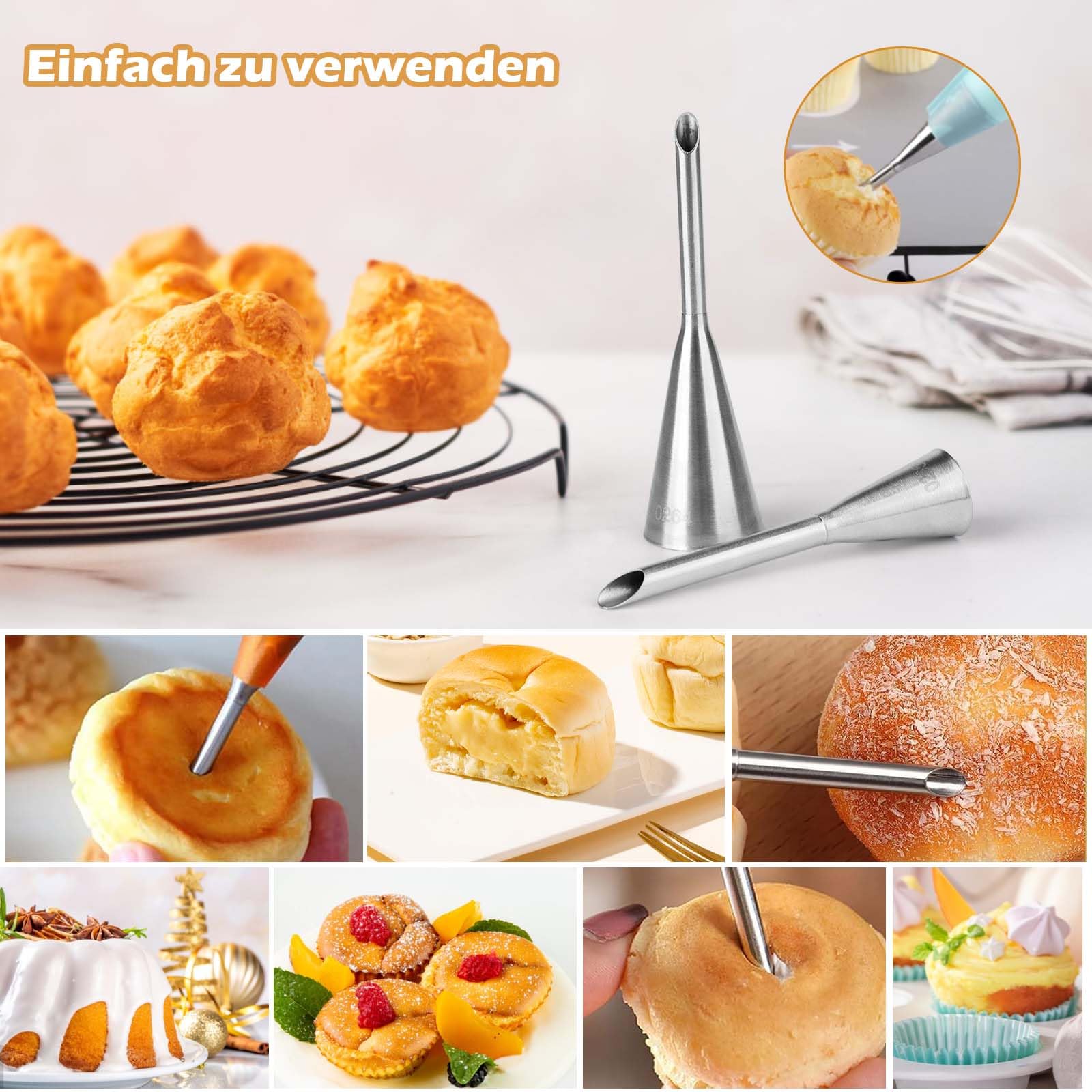 5-teiliges Fülltüllen Set Edelstahl - Backspritzen Tüllen Mit Reinigungsbürste Für Donuts & Gebäck