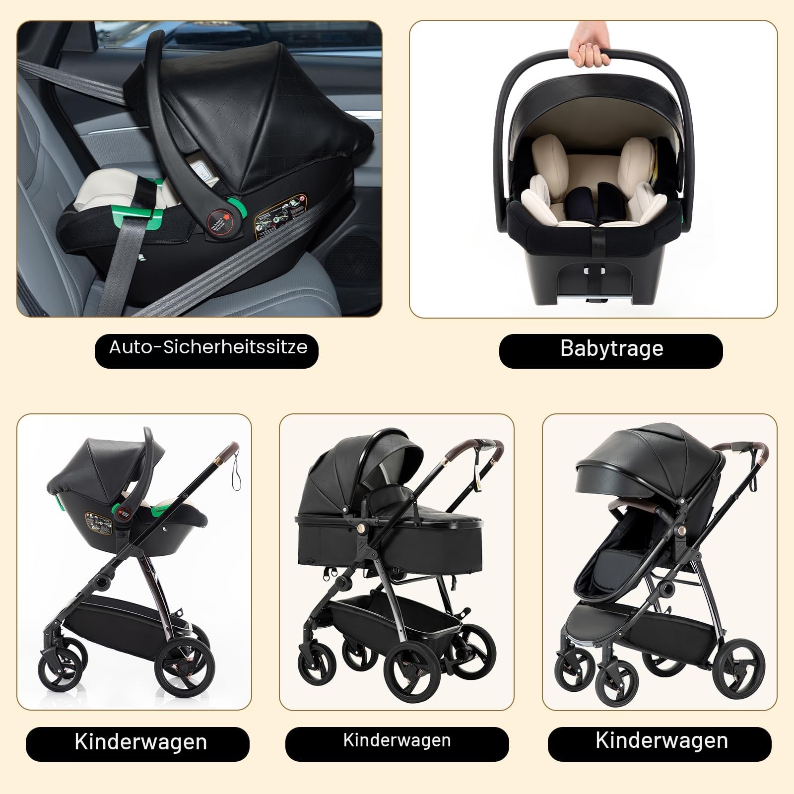 Gcarebb 3-in-1-Kinderwagen aus PU-Leder, Stadtkinderwagen mit Autositz, tragbarer Ein-Klick-Klappstock-Kinderwagen, Landschafts-Kinderwagen, hoher Aluminiumrahmen in Schwarz
