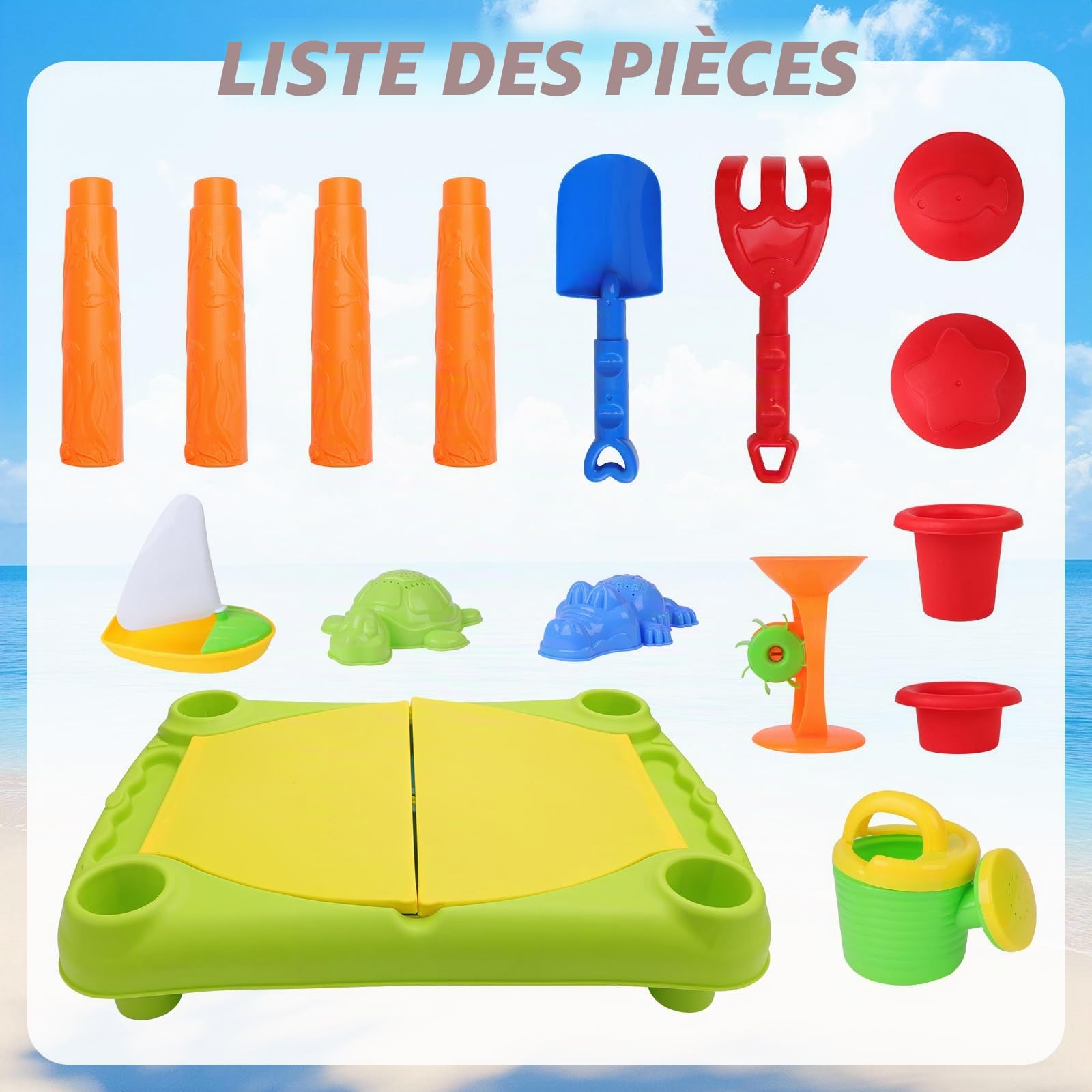 deAO 2-en-1 Table Sable et Eau pour Enfants - Grande Table d'Activité Sensorielle Extérieur avec Double Compartiment, couvercles et 10 Pièces,Jeu d'Été Cour/Plage/Jouet d'Extérieur