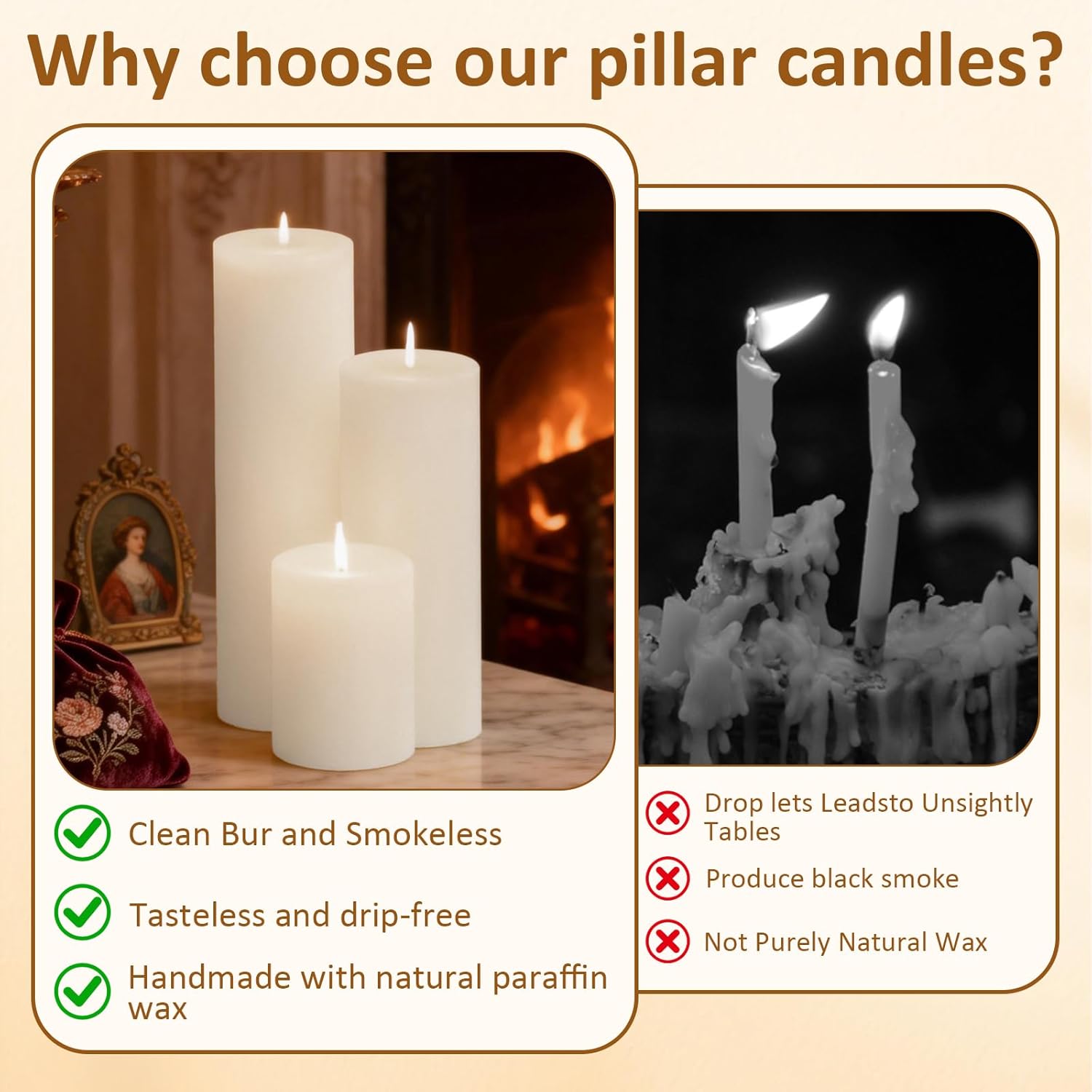 24-Pack White Unscented Pillar Candle Set - 2x3, 2x6, 2x8-inch Long-Burning Drip-Free Tapers, 8 Per Size. Ideal for Home Decor, Weddings, Emergencies, and Holidays.