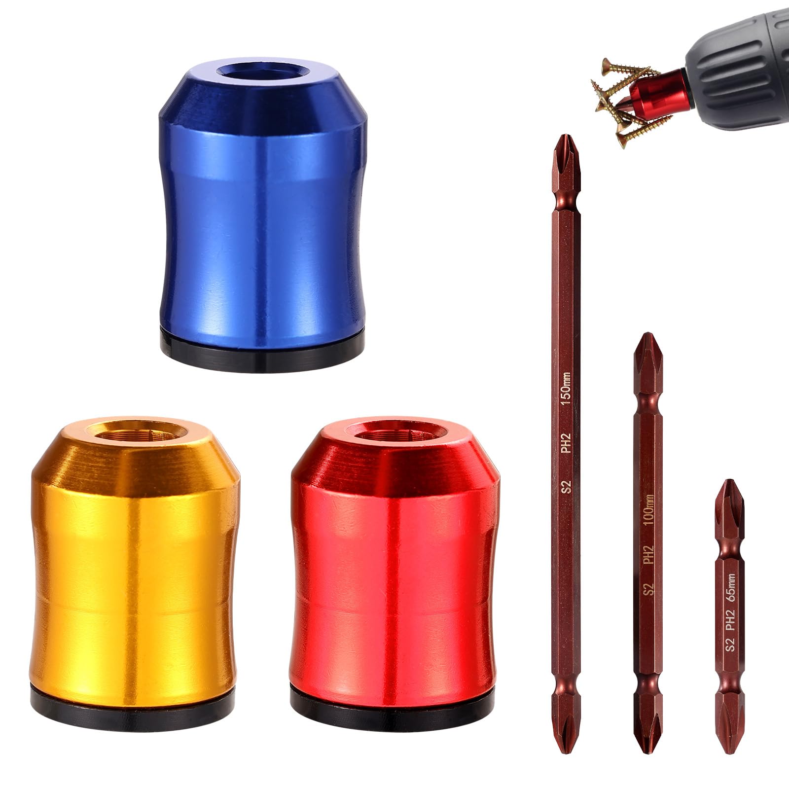 3pcs Screwdriver Head Magnetic Screw Rings & 3pcs PH2 Double-Ended Screwdriver Bits, Removable Magnetic Screw Holder Set for Power Drill Impact Driver & DIY Tools