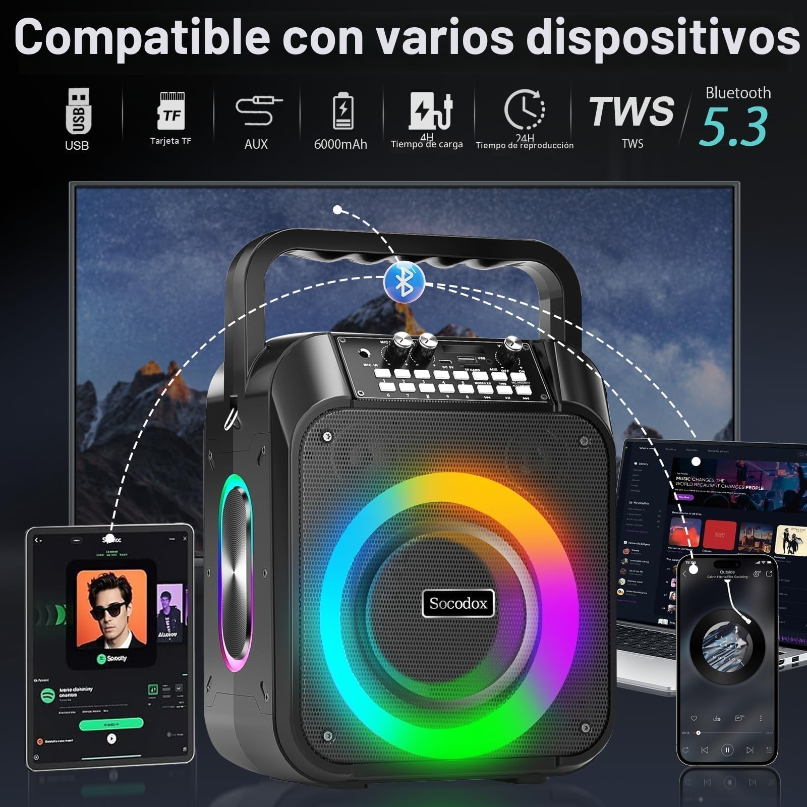 Máquina Karaoke,Altavoz Bluetooth Portátil con 2 Micrófonos Inalámbricos,Batería de 6000 mAh,Playtime 8H,Estéreo TWS,Luces RGB, Sistema Pa Dual Bass Boost para Adultos,Niños,Fiestas,Canto,DJ