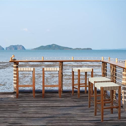 Miniatura 7 de YCUHEN Juego de 2 taburetes de bar tejidos de piel sintética de 26 pulgadas de altura de mostrador con reposapiés, taburetes de madera para