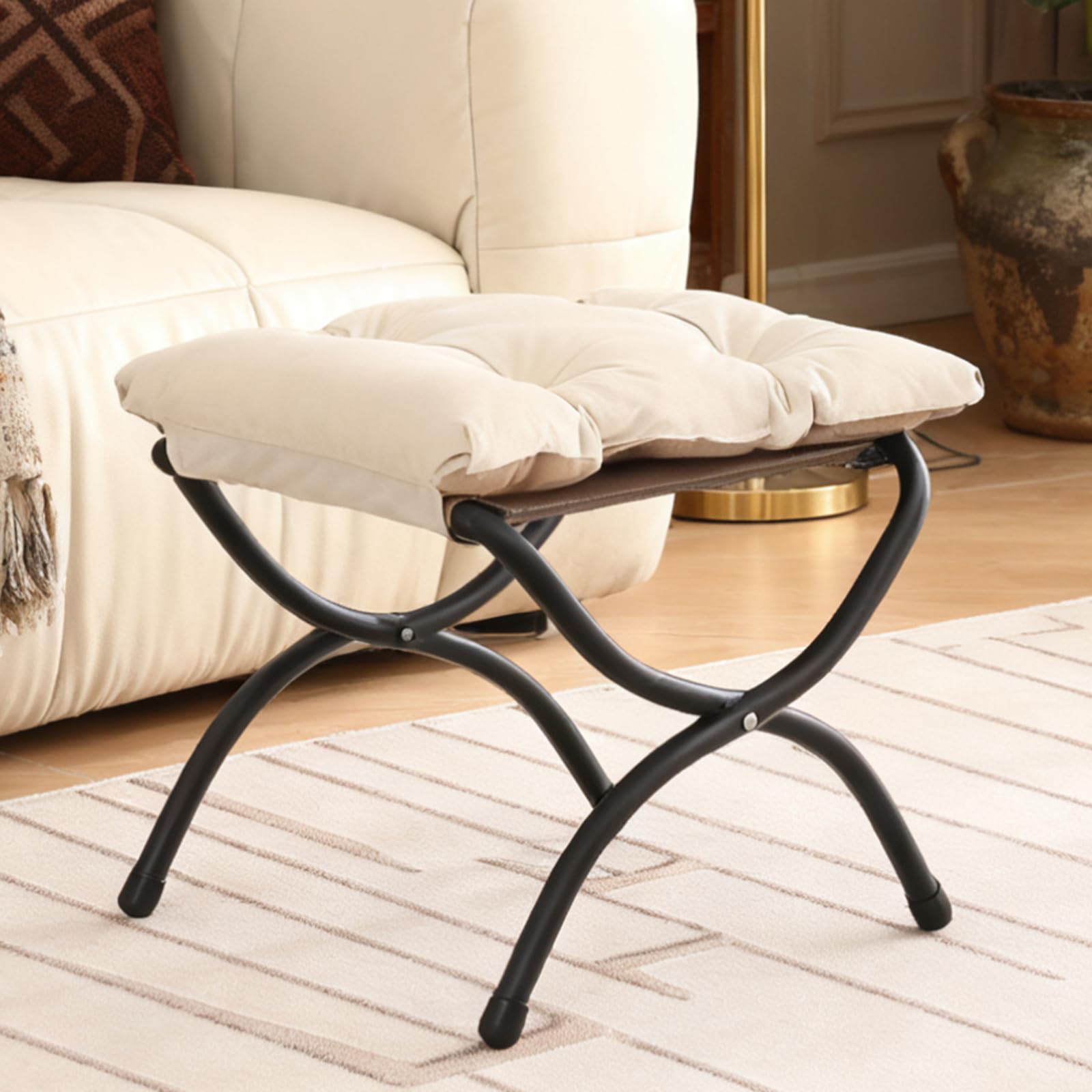 Welnow Folding Foot Stool, Upholstered Small Accent Ottoman with Detachable Thick Cotton Cushion Padded Sofa Stool and Metal Frame for Lazy Chair,