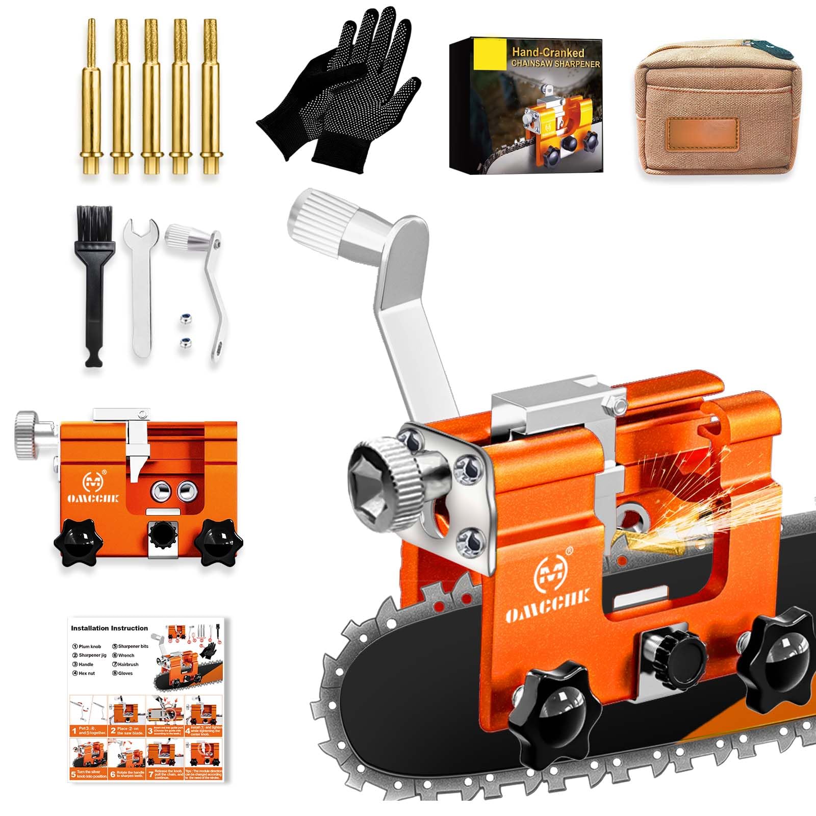 Afilador de motosierra con 5 brocas de diamante chapadas en titanio de alta dureza y bolsa de transporte, kit de plantilla de afilador de motosierra portátil, herramienta de afilado de hoja de