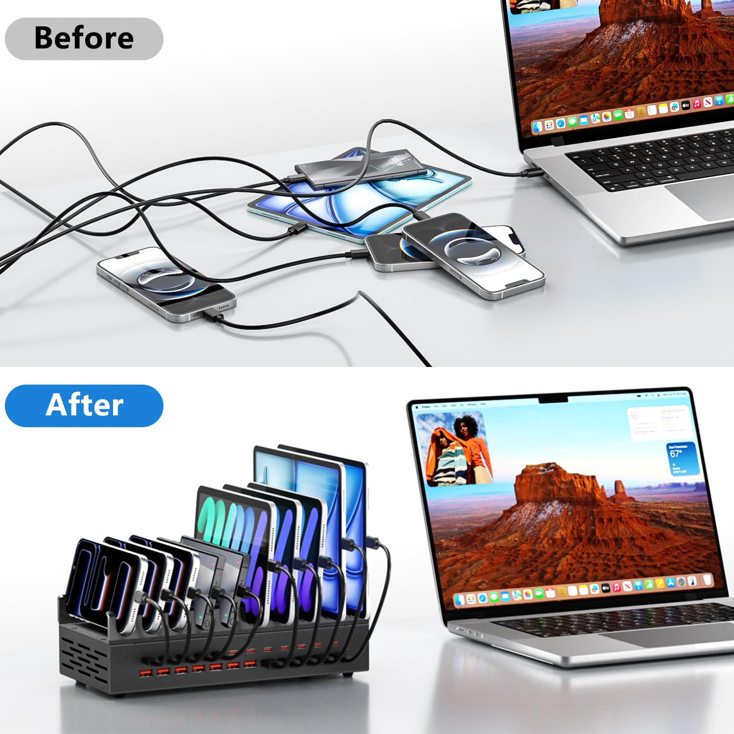 Stazione di ricarica da 300 W per più dispositivi, caricatore rapido USB a 24 porte, organizer multiplo compatibile con Smart Power Delivery, smartphone, tablet, stazione di ricarica per casa, ufficio
