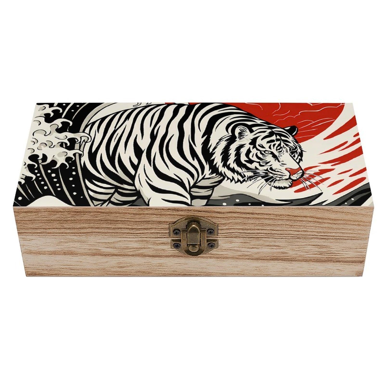 Oudrspo White Tiger, Wave And Sun Retro Wooden Storage Box Keepsake Jewelry Decorative Art Storages Box Gift Boxs