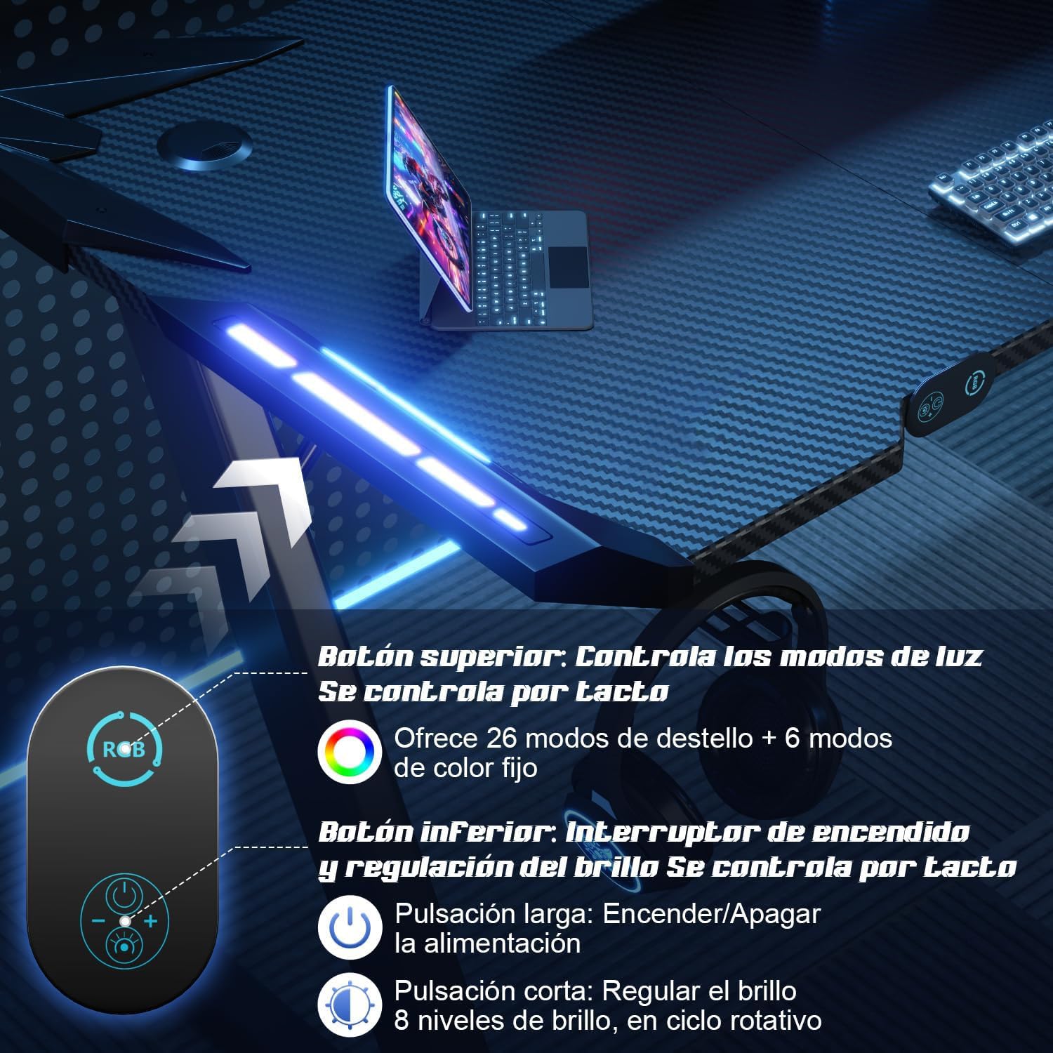 Devoko Escritorio Gaming con Luces LED, 140 x 60cm RGB Mesa Gaming Forma Z, Escritorio de Ordenador Grande con Gancho para Auriculares y Portavasos, Mesa Gamer para Oficina en Casa, Negro