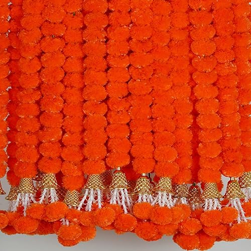 5 guirnaldas de caléndula de 5 pies de largo para decoración de hebras largas, flores artificiales de caléndula Decoración india para Pooja Boda