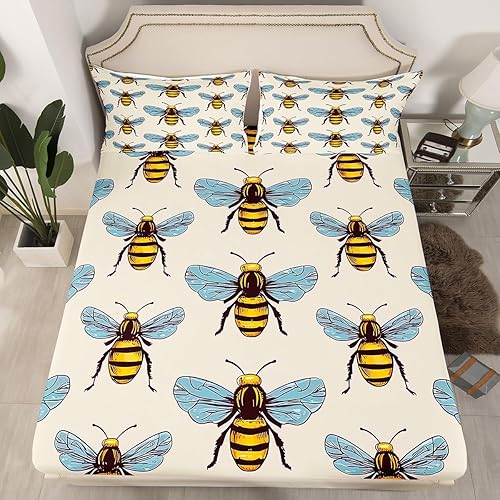 Miniatura 18 de Juegos de ropa de cama de panal tamaño Queen para niños y niñas, sábana bajera ajustable de abeja honesta, sábanas de geometría hexagonal de Multi