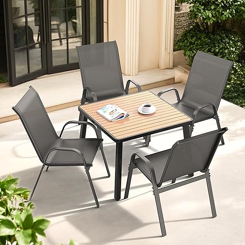 Miniatura 2 de Juego de 4 sillas de patio, sillas de comedor para exteriores transpirables y apilables para todo tipo de clima, con respaldo alto y asiento ancho,