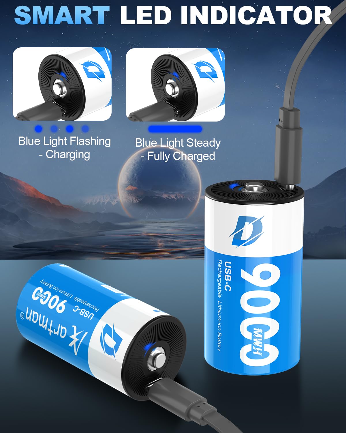 Artman - Confezione da 4 batterie ricaricabili al litio D, 9000 mWh, ricaricabili agli ioni di litio, con cavo di ricarica USB-C 2 in 1, batterie da 1,5 V, dimensioni D, per proiettori, scaldabagno