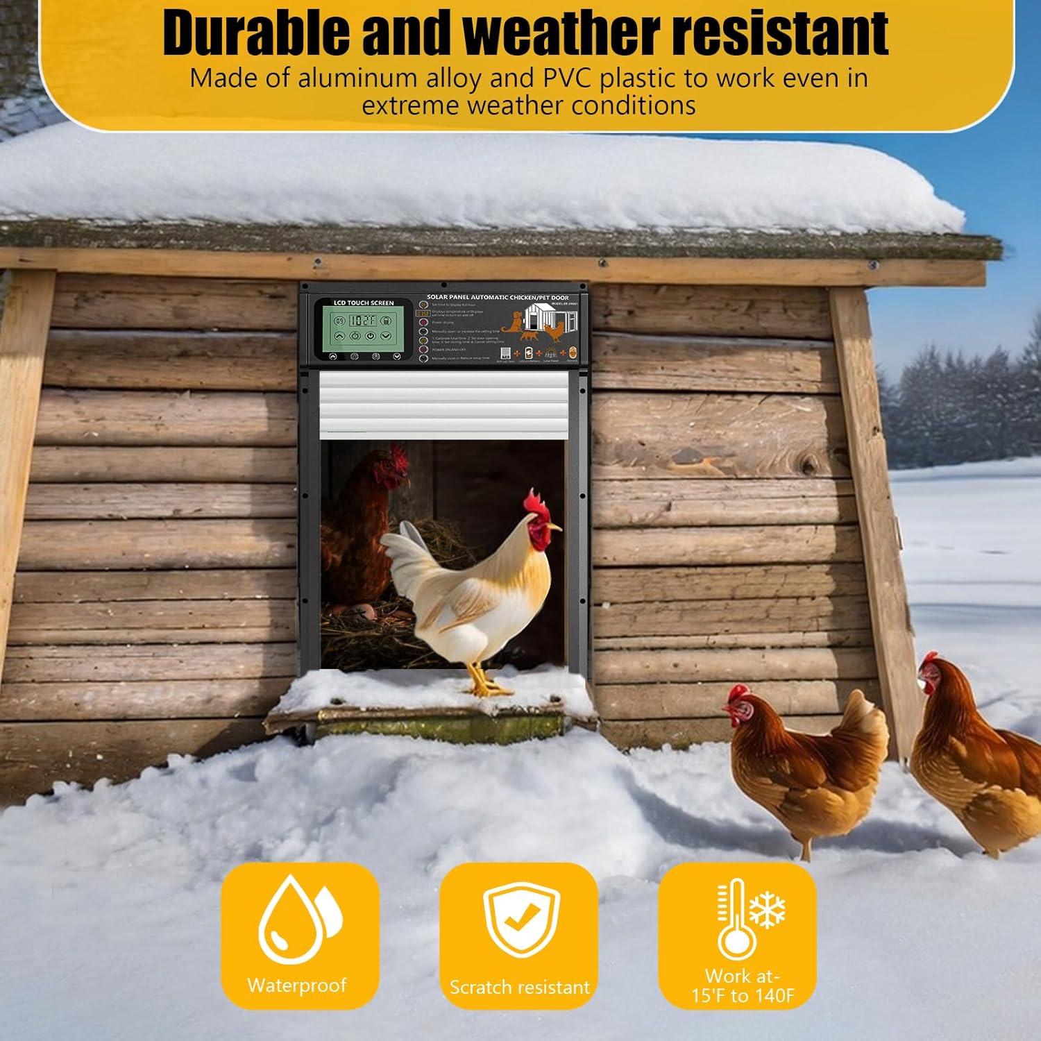 Automatic chicken coop door installed on a coop in snowy conditions, demonstrating its weatherproof and sturdy design.