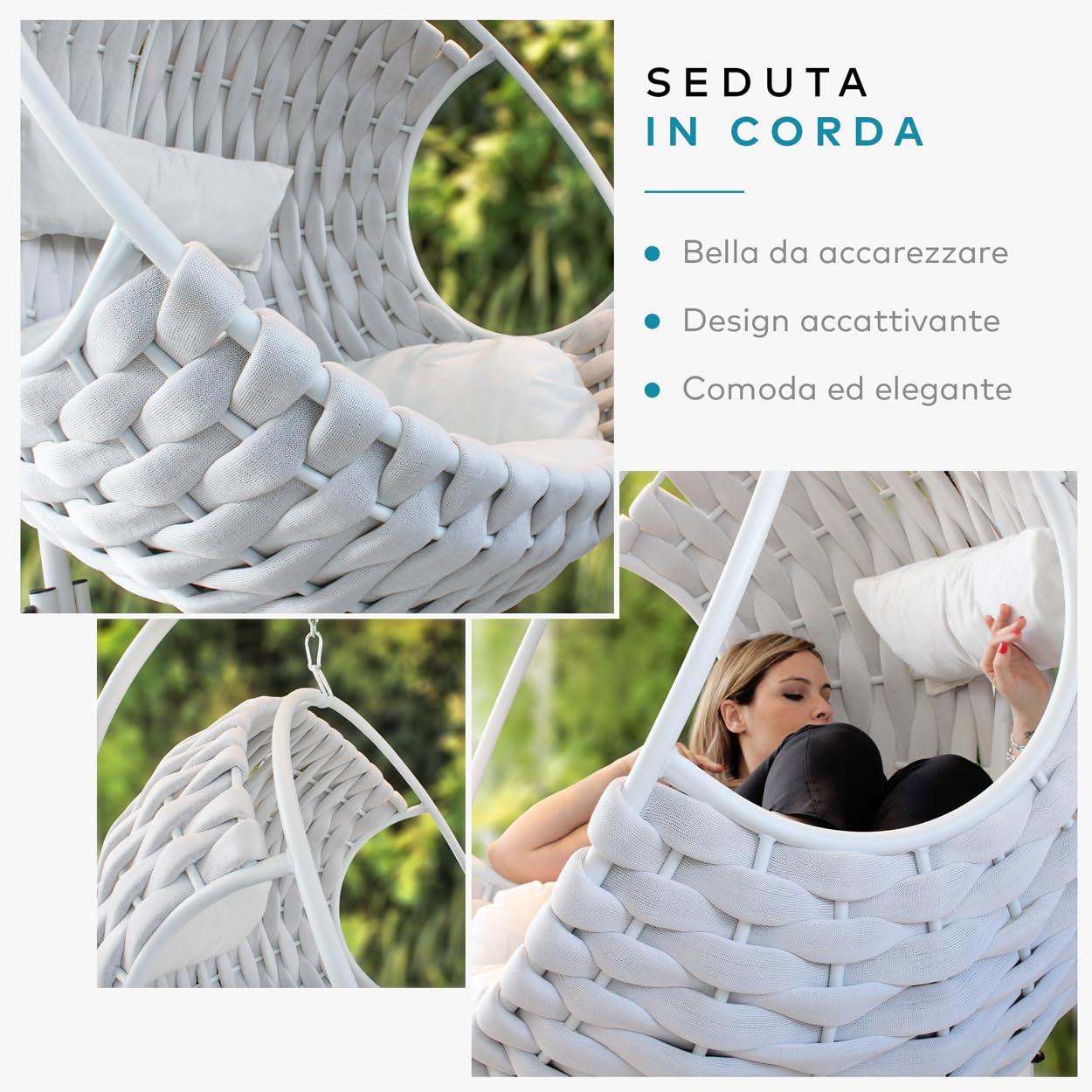 DESHOME Loto - Dondolo da giardino singolo Sedia a dondolo da esterno Poltrona sospesa da giardino Sedia sospesa da esterno Bianco