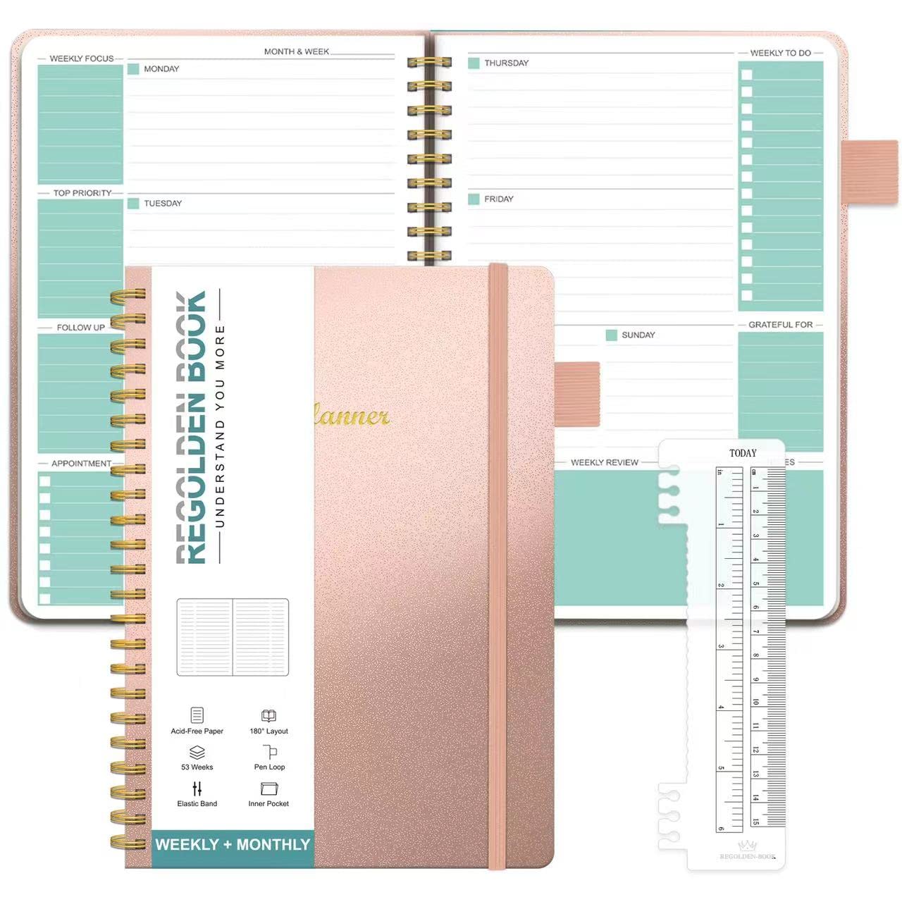 Regolden-Book Undated Weekly & Monthly Planner 12 Month 53 Weeks, Hardcover Faux Leather To Do List Notebook with Spiral Bound, Inner Pocker, Ruler, Pen Loop?Academic Agenda Book A5 Pink (5.5" x 8.5")