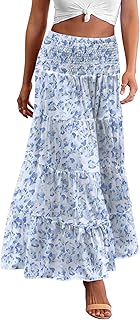 Women's Long Maxi Skirts Tiered Elastic High Waist Boho Double Layered Print A-Line Casual Midi Dress - Buy now