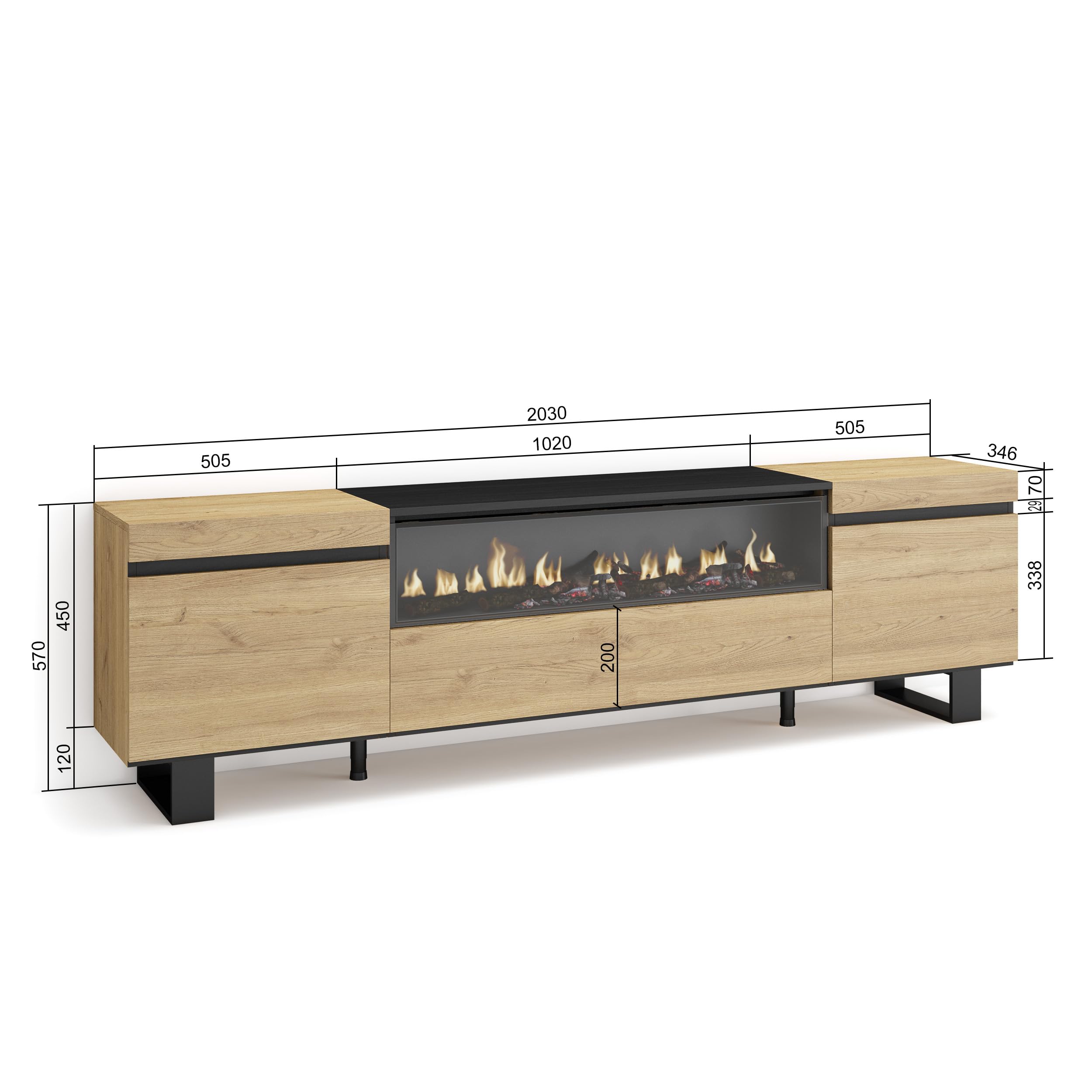 Skraut Home - Szafka TV | Telewizja | Meble do salonu, przechowywanie | 200x57x35cm | do telewizora do 80" | Kominek elektryczny LED | Tall, Przemysłowy | Nowoczesny styl | Dąb i czarny