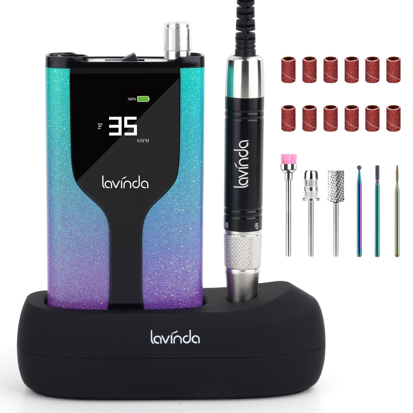 Lavinda Professional Nail Drill Machine, Cordless Rechargeable 35,000RPM Brushless Nail Drill, Portable Electrical Nail File for Acrylic Nails with Charging Base, Bling Green Purple Gradient
