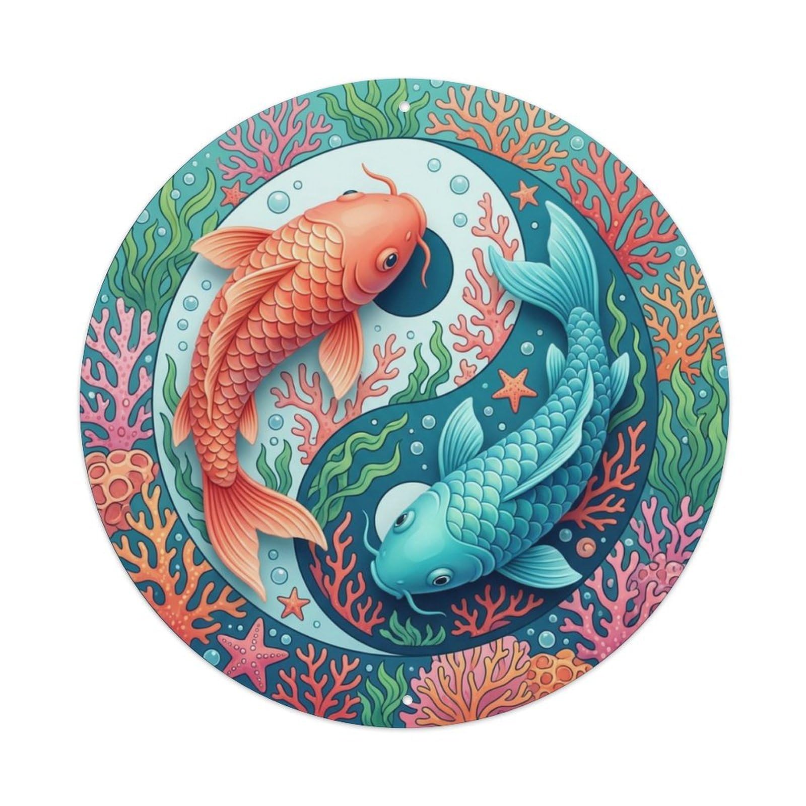 Tgrcjimh Style Metal Tin Sign Tai Chi Koi Fish Coral Reef Underwater Ocean