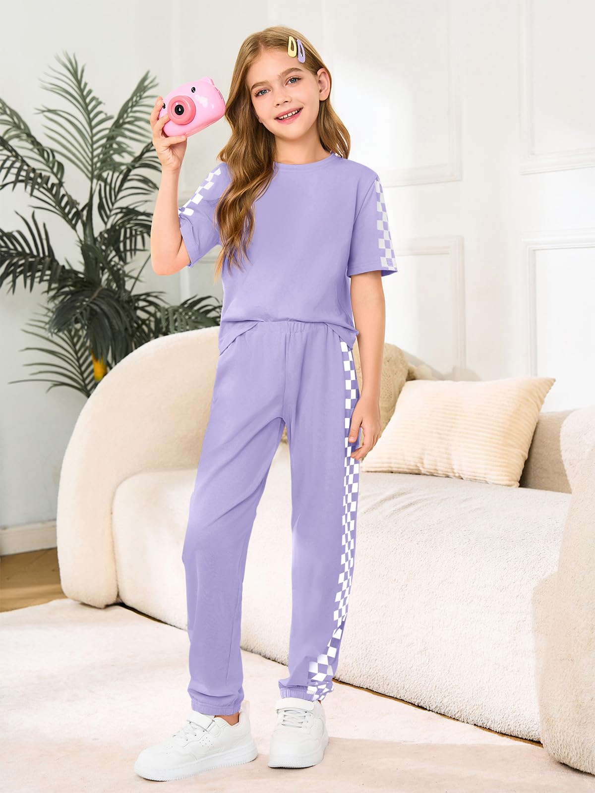 Haloumoning Conjunto de 2 piezas para niñas de verano a cuadros de manga corta y pantalones, conjunto de ropa de moda