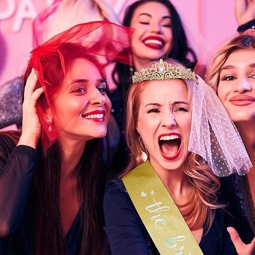 Miniatura 6 de CIEHER Kit de banda de novia + corona de cristal, decoraciones de despedida de soltera con diamantes de imitación AB dorados para despedida de