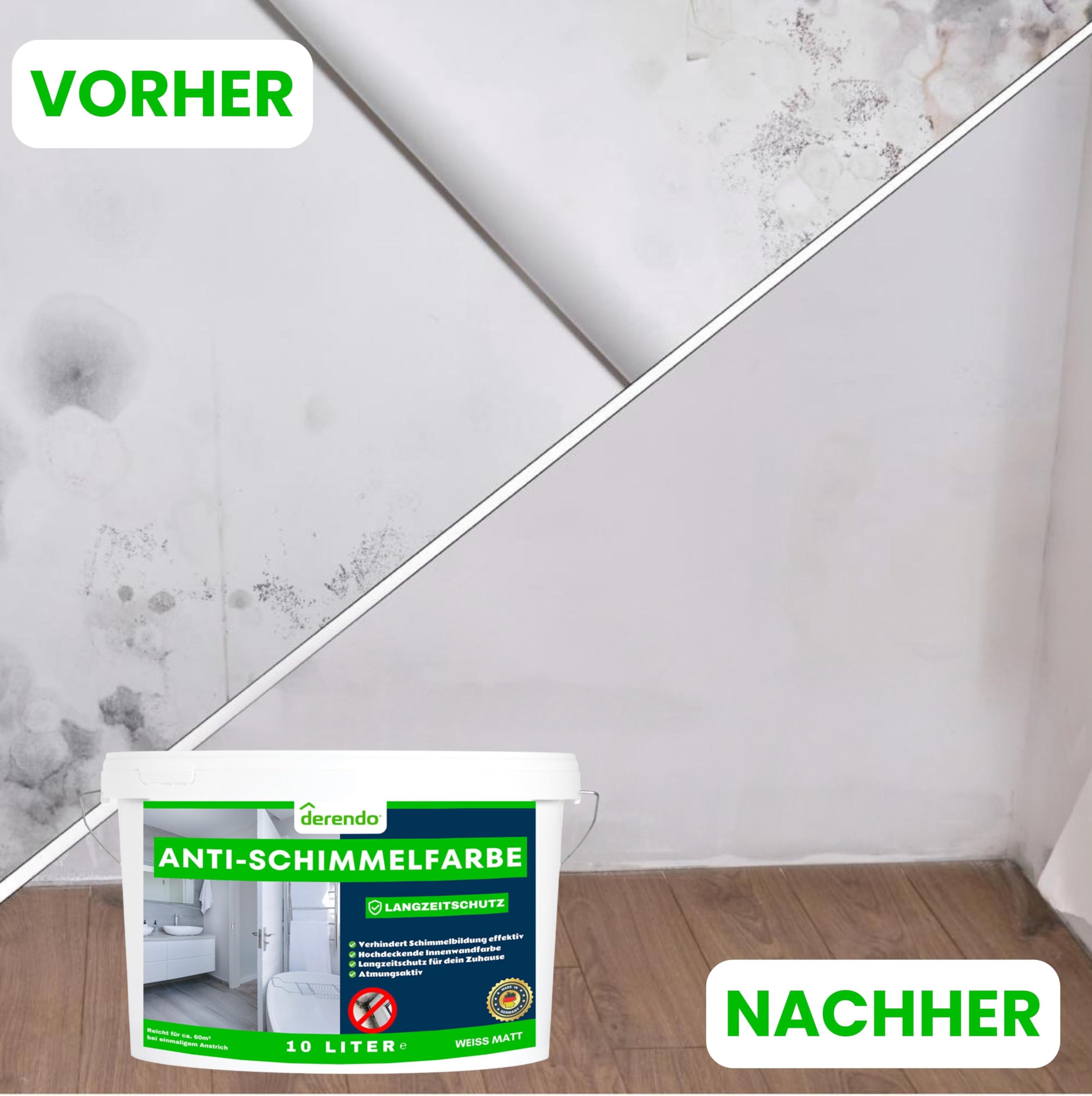 derendo Anti-Schimmelfarbe Weiß 10 L – Wandfarbe gegen Schimmel, Feuchtraumfarbe für Badezimmer, Küche & Schlafzimmer