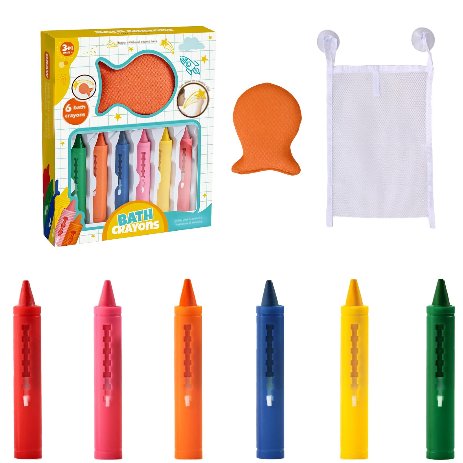 6 Piezas Crayones de Baño, Juguetes Bañera Lavable, Juguetes Baño con Esponja, Juguete Baño Bebe con Bolsa de Almacenamiento, Apto para Niños Mayores de 3 Años