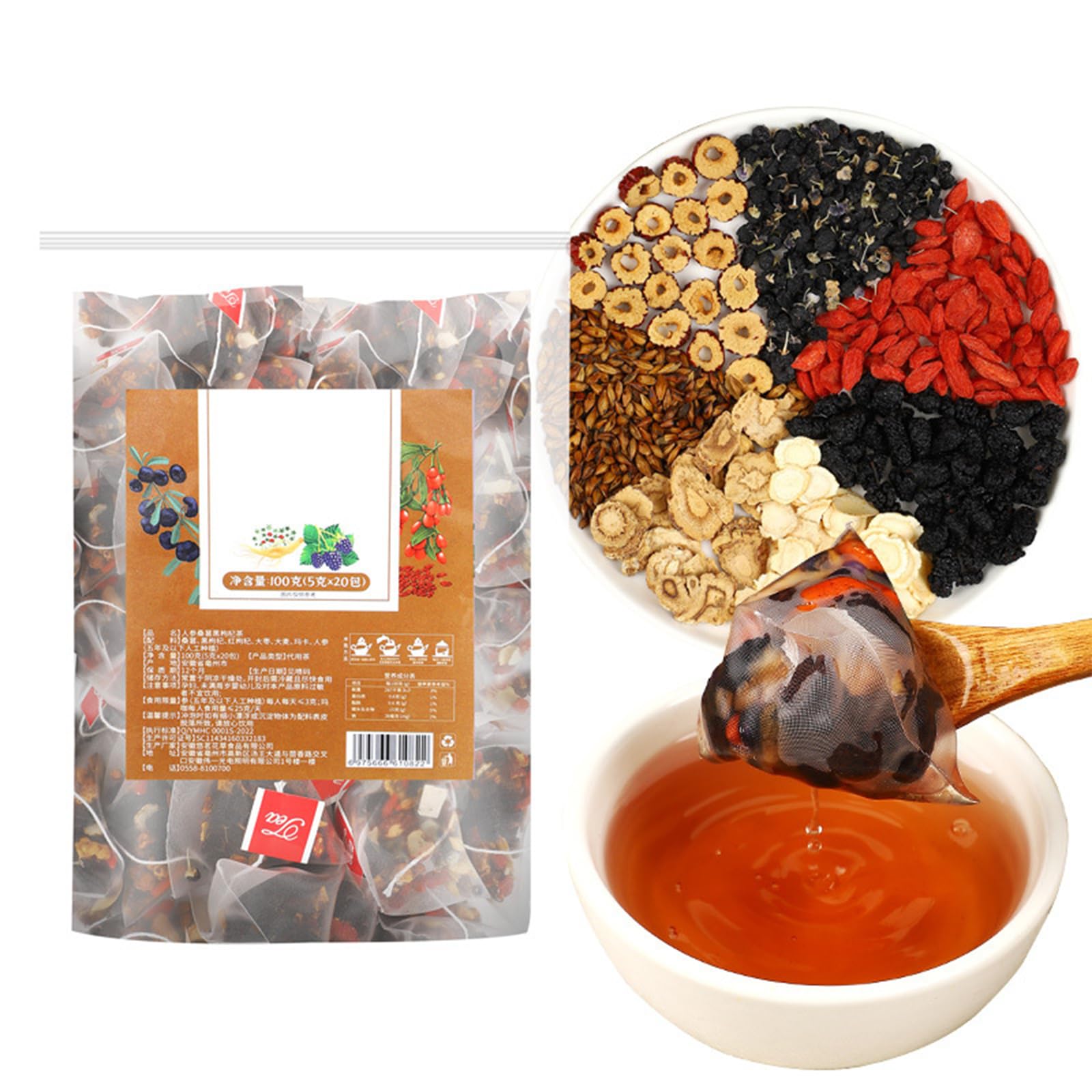 Qiamia 20Bags Ginseng Six Treasure Tea, Ginseng Tea Bags, Kidney Formula Tea Suitable for Both Men and Women (100g/5g x 20bags) (1)