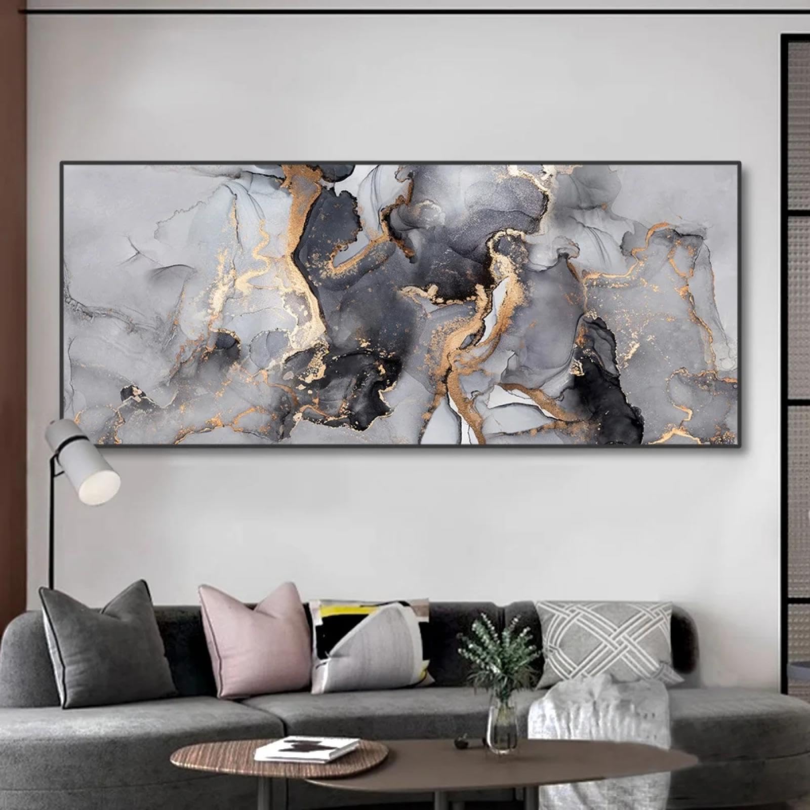 dsdsgog Posters and Prints Large Size Black Gold Flower Painting Canvas Wall Art Luxury Marble Texture Picture for Living room Decor 50x150cm Frameless