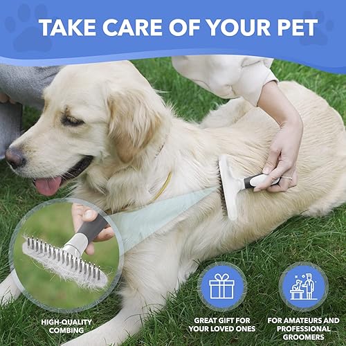 Miniatura 28 de Rastrillo para la capa superior del pelaje de perros, gatos, conejos, peluches, pelo corto o largo, cepillo con doble fila de alfileres de acero Azul