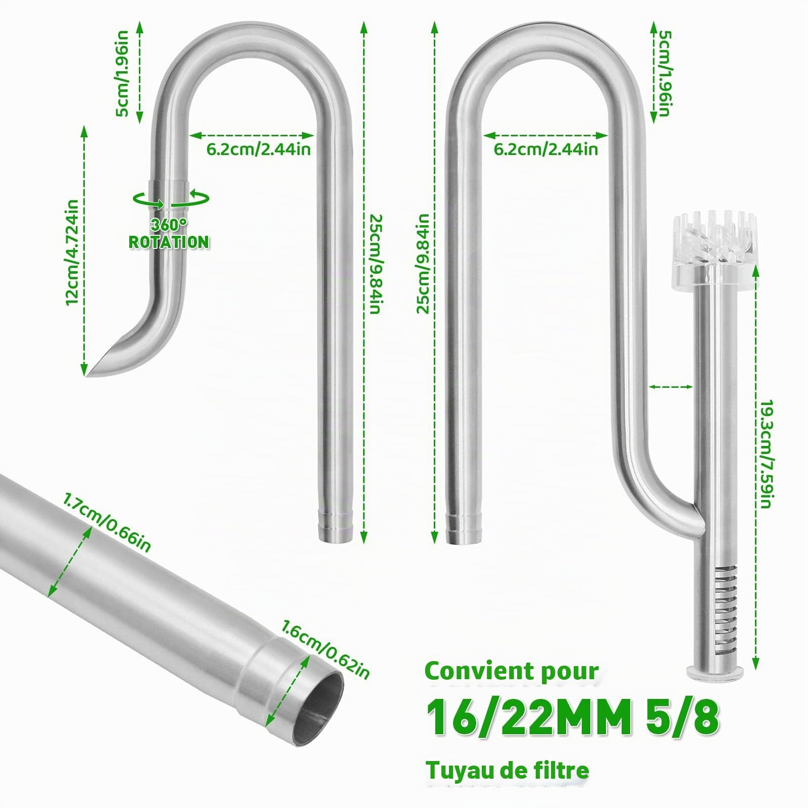 LINLAN Entrée/Sortie Lily Pipe en Acier Inoxydable 304 avec Mini Fixation en Alliage d'Aluminium, Sortie rotative à 360°, pour Tuyau de Filtre 16mm ID, pour Aquariums sans Cadre (avec écumeur)