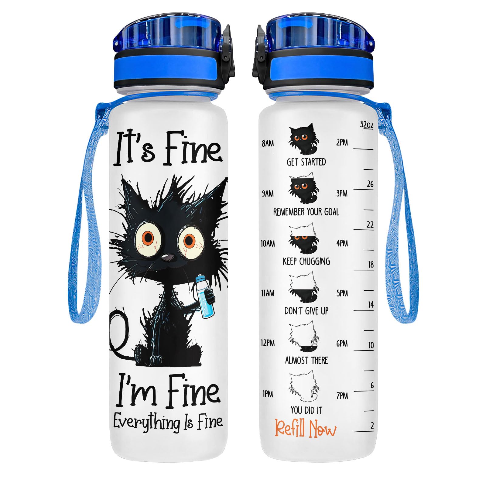 Crazy Cat Wasserflasche aus Tritan-Kunststoff, 900 ml, mit Aufschrift "It's Fine Everything Is Fine", lustiges Geschenk zum Geburtstag, Muttertag, Halloween, Weihnachten, für Tierliebhaber, Katze