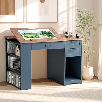 Drafting Table with Storage Cabinet & Drawers, Adjustable Drawing Desk with Open Shelves, Craft Table Painting Desk for Artists, Painters, Drawing, Crafting, Reading, Writing, Working Blue