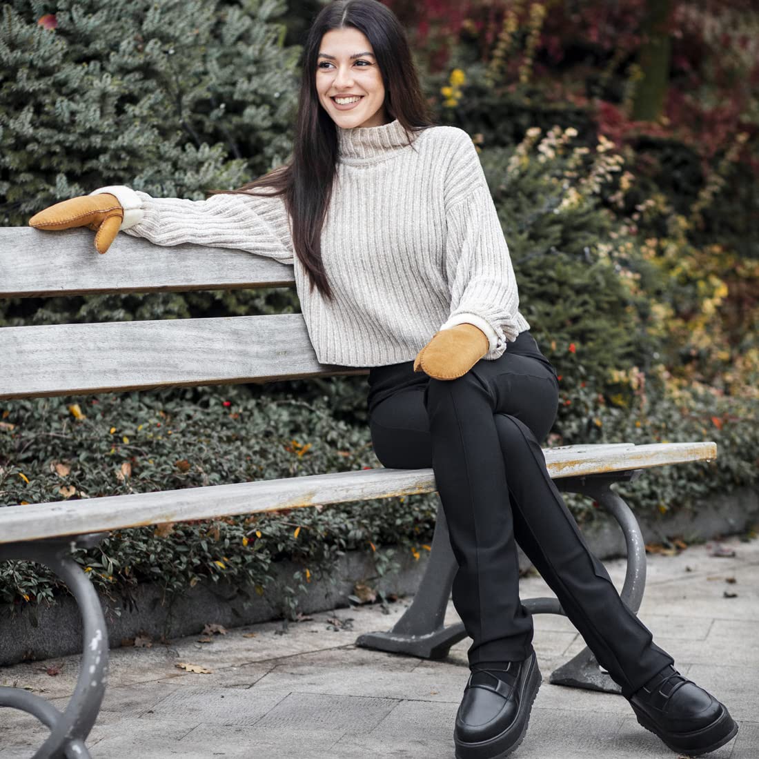 Harssidanzar Donna Guanti in pelle,Mitten pelle scamosciata calda di pecora Shearling Guanti in pelliccia Cuff KL026,Cammello,taglia XL