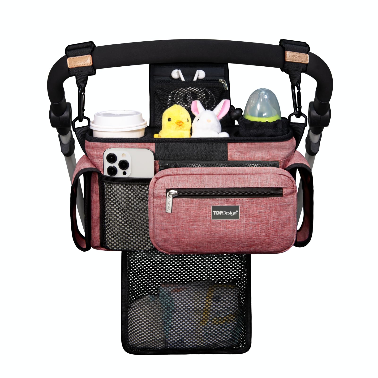 TOPDesign Universal Baby Stroller Organizer, Stroller Caddy with Detachable Mesh Bag & Heightened Insulated Cup Holders & Non-Slip Secure Hooks