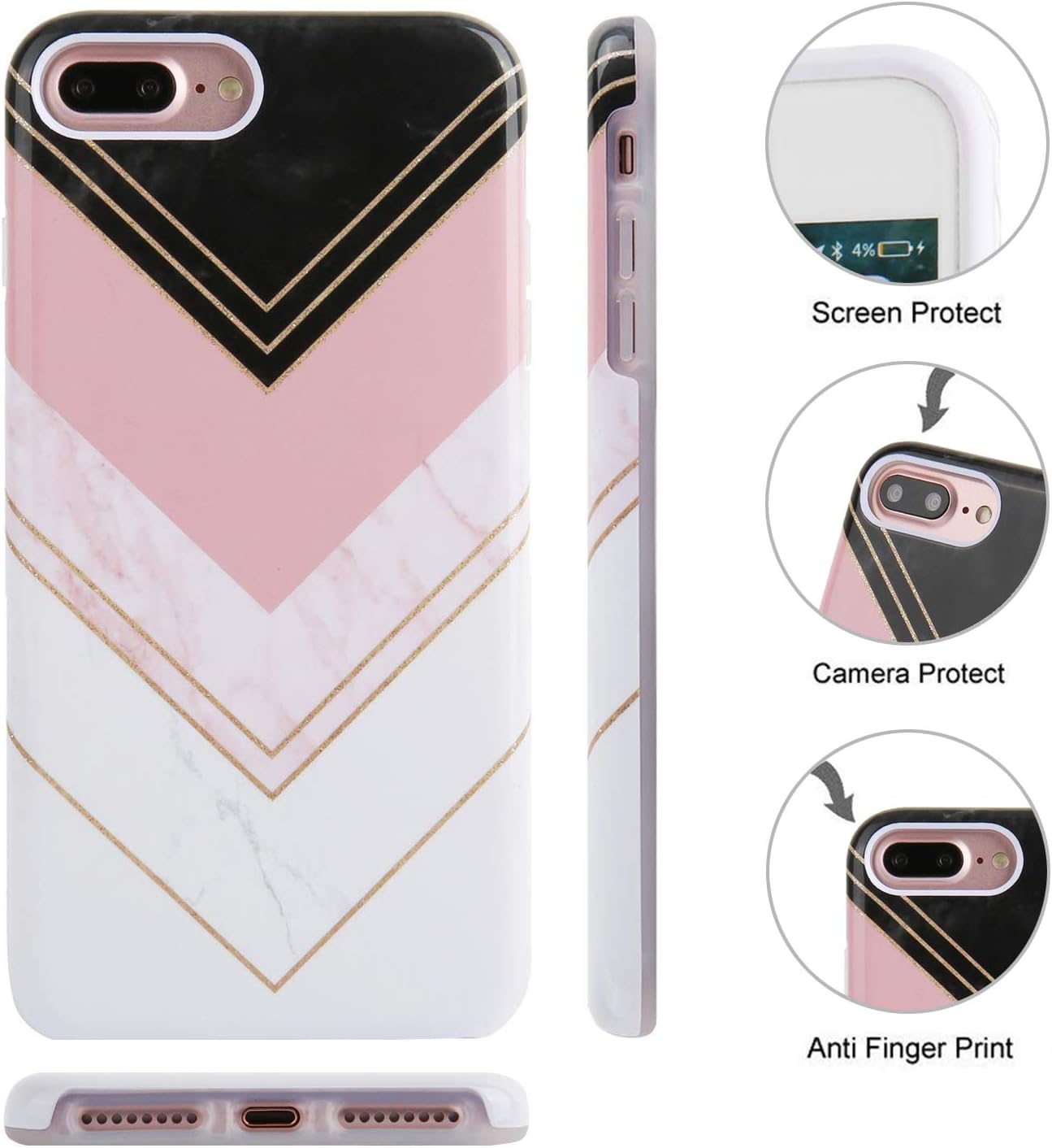Zeronal iPhone 8 Plus Case Marble Pink iPhone 7 Plus Marble White Case Cover for Girl Women IMD Anti-Yellow Anti-Scratch Shockproof Protective for iPhone 8/7 Plus Case Golden Striped Marbling Design
