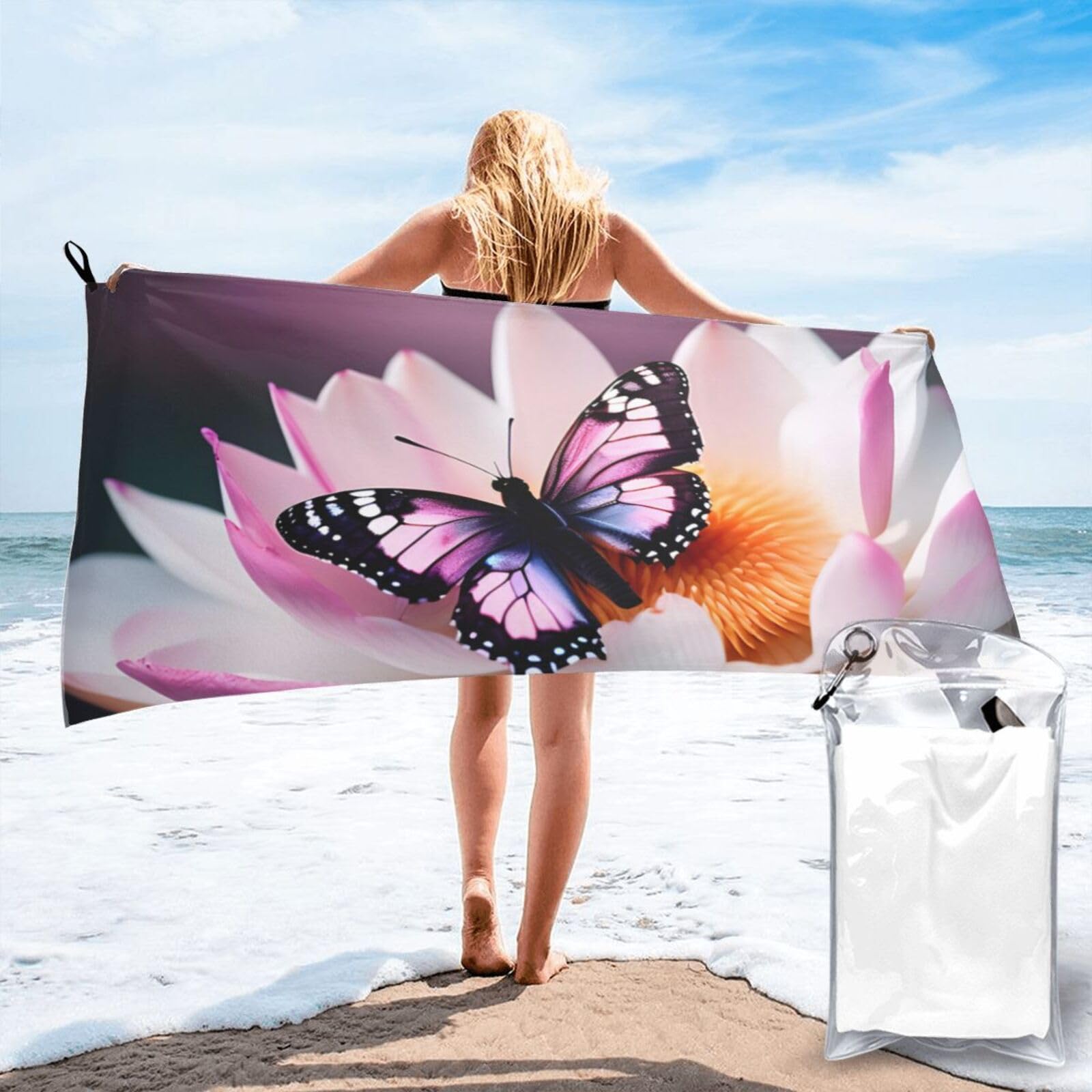 pojknbv Pink Butterfly Print Travel Gym Towel For Beach Camping Hiking Yoga Lightweight Reusable Versatility