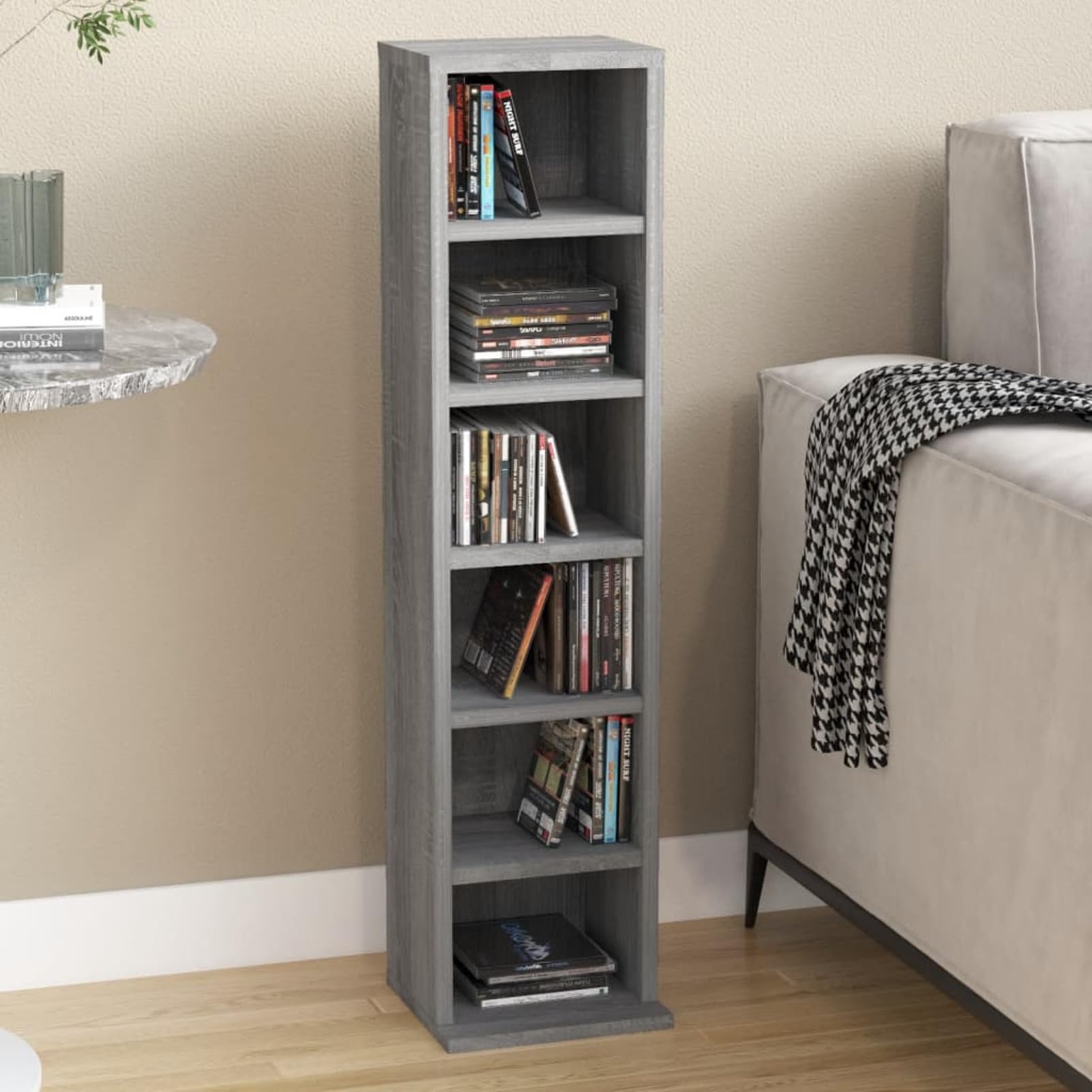 Homgoday Sonoma - Armadietto per CD, 21 x 20 x 88 cm, in legno di ingegneria, con 6 scomparti aperti, mobile portaoggetti per CD e DVD per soggiorno, camera da letto, ufficio