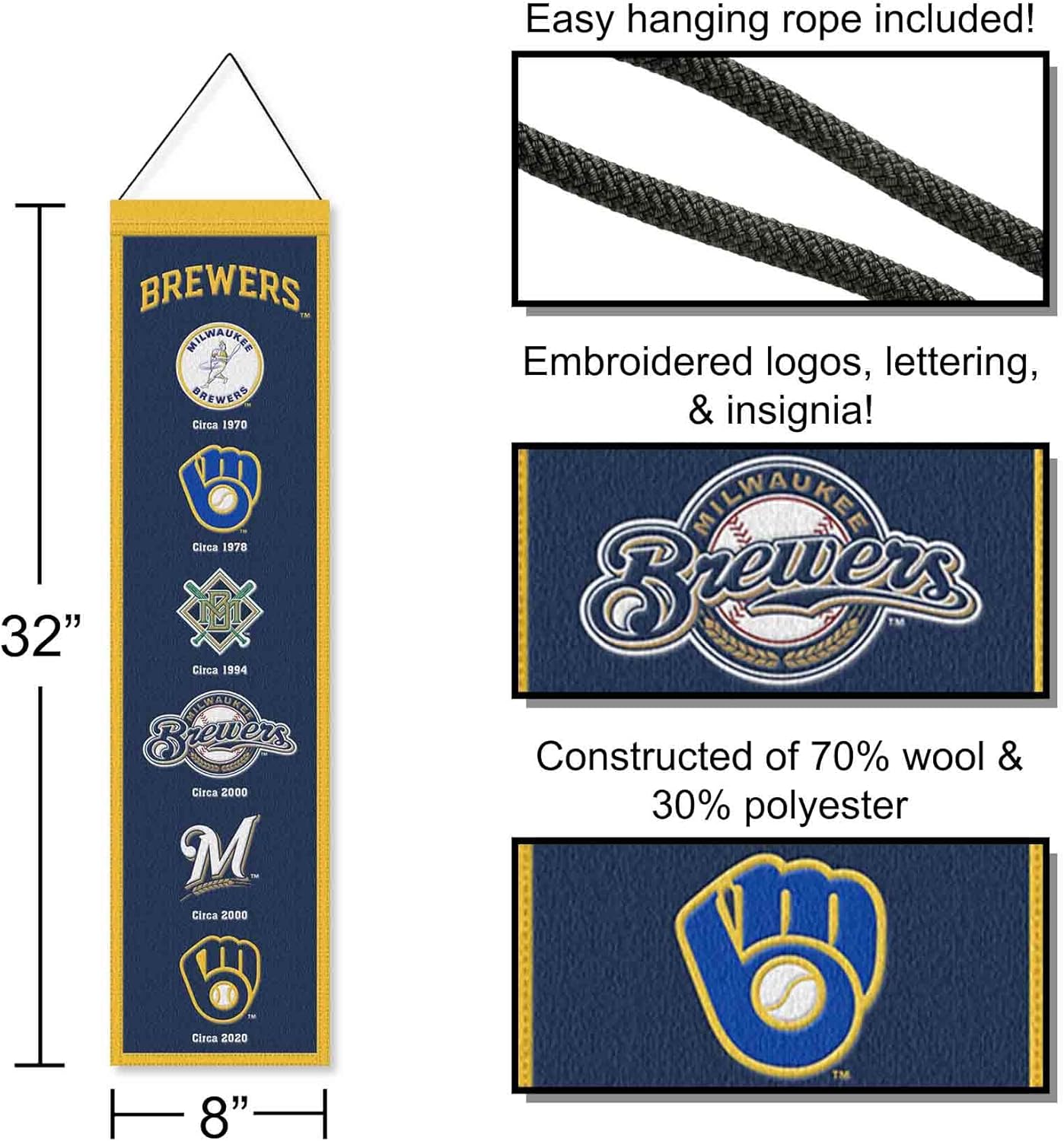 WinCraft Milwaukee Brewers Evolution 8x32 Inch Vertical Wool Embroidered Hanging Banner