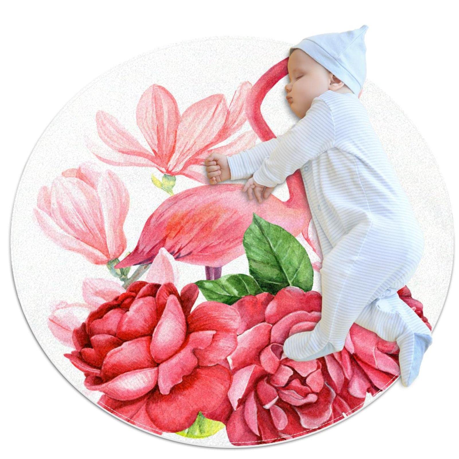 Tapis rond flamants roses et fleurs JDEZ, tapis de jeu doux de 100x100cm