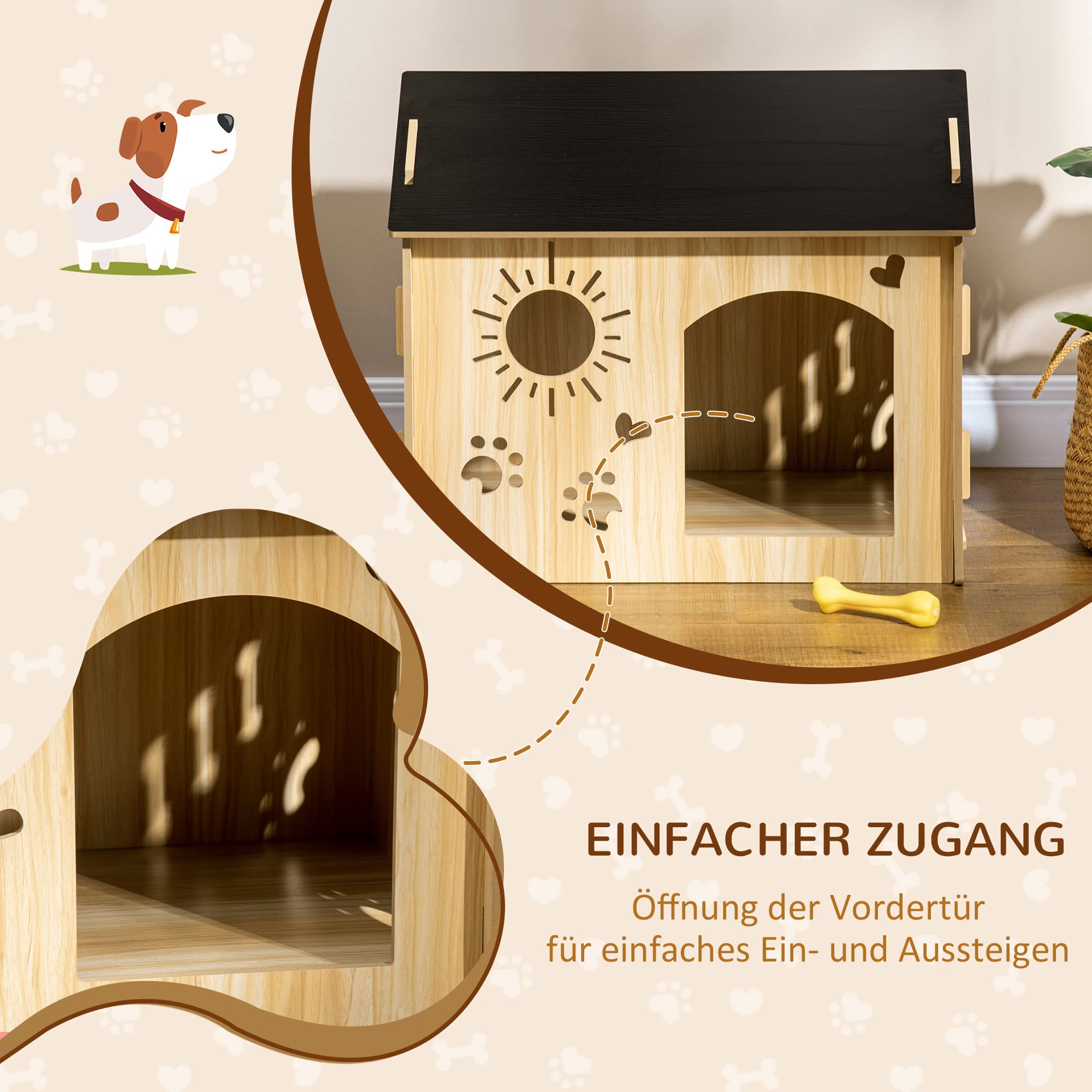 PawHut Hundehütte aus Holz Katzenhaus mit Lüftungsöffnungen niedliches Pfoten-Design Dach Indoor Hundehöhle Haustierhaus für Katzen, Welpen