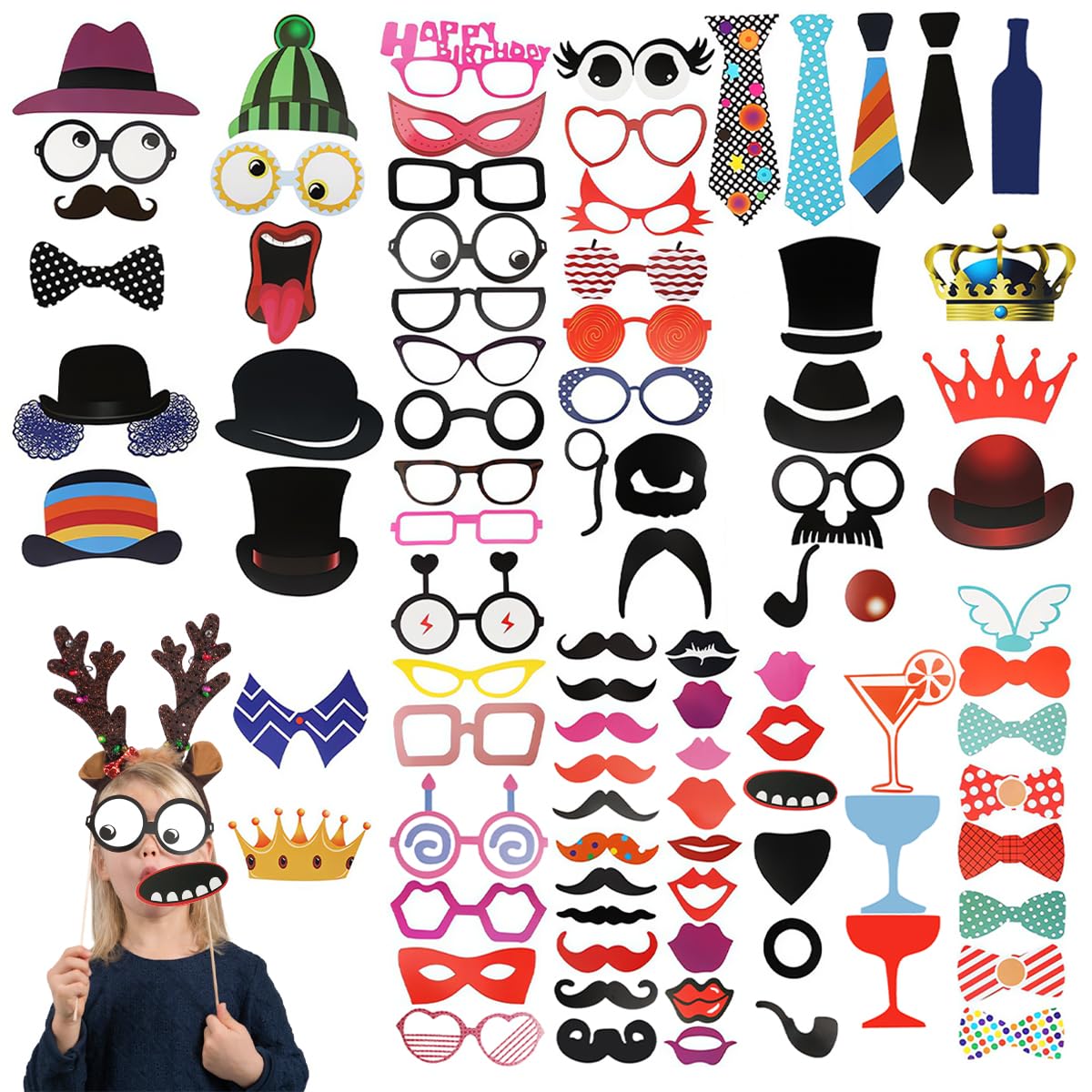 89 Piezas Accesorios Photocall, Photocall Boda, Fotocoll de Cumpleaños, Accesorios Photocall Comunion con Palos y Pegatinas, Adecuado para Photocall Personalizado, Cumpleaños, Bodas, Fiestas