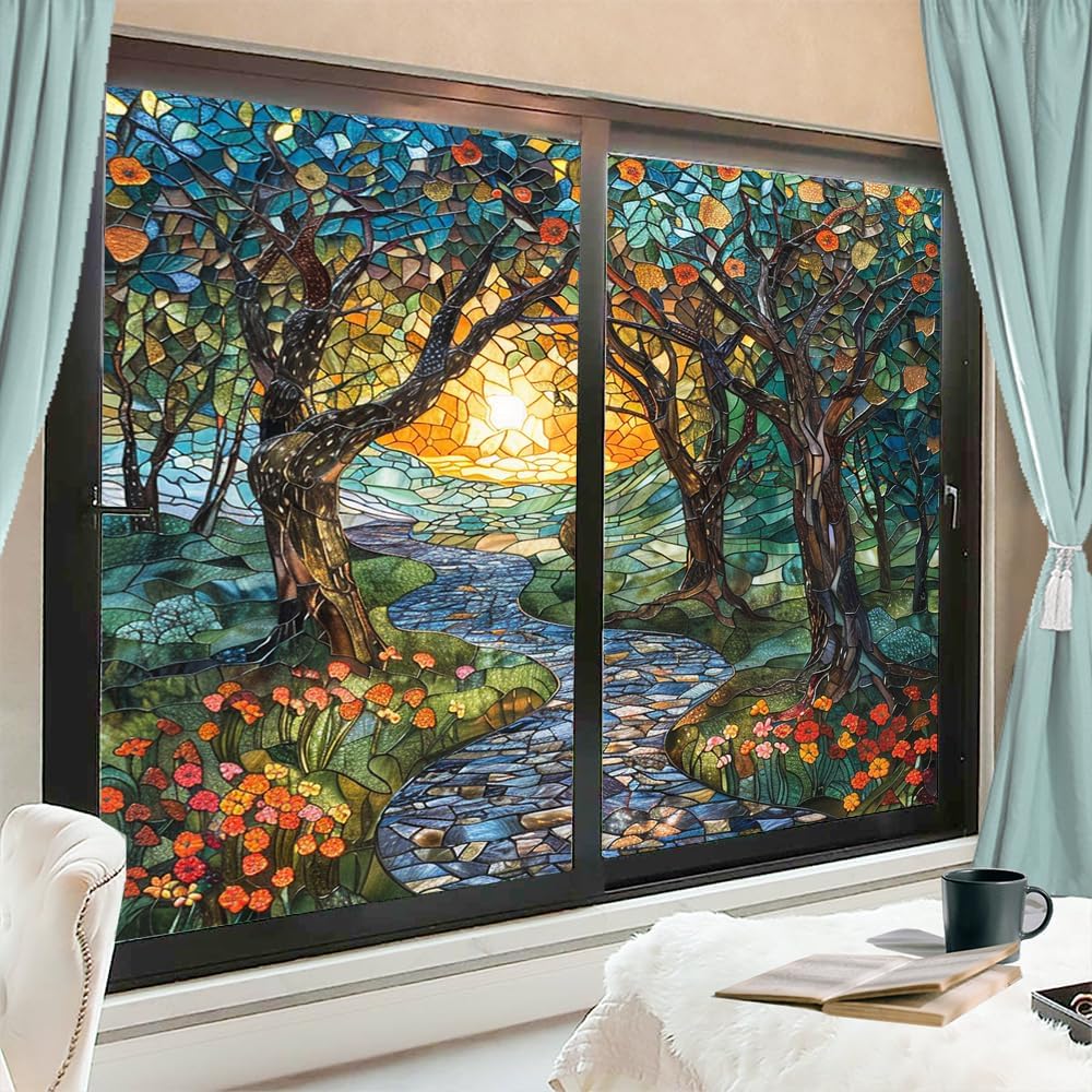 Vintage Forest Stained Glass Window Film Abstract Sunrise