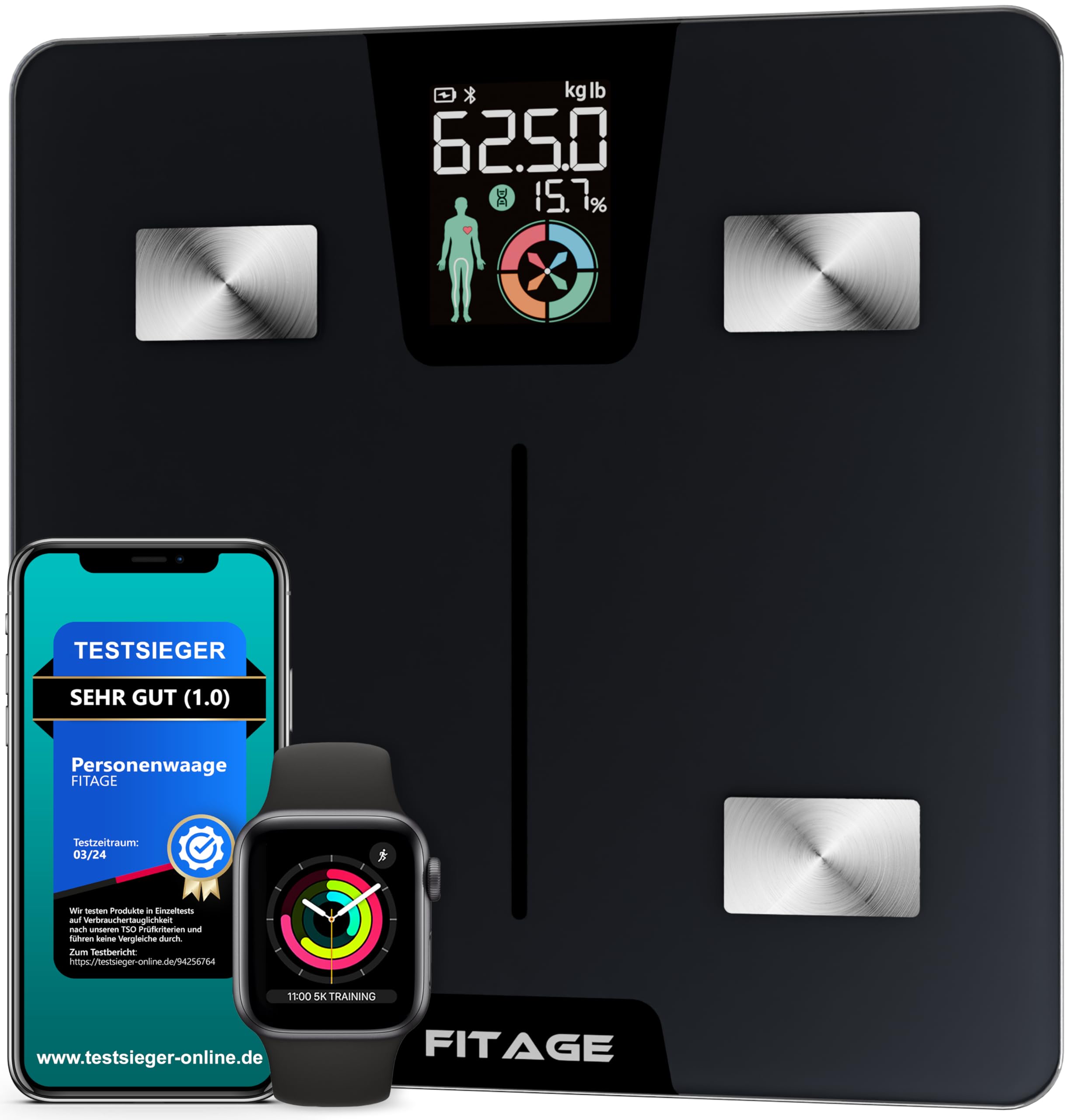 FITAGE Personenwaage digital Testsieger 2025, Körperwaage bis 180kg, Körperfettwaage mit 17 Körpermesswerten, Körperanalyse mit App, Waage mit Körperfett und Muskelmasse mit großem LCD-Display