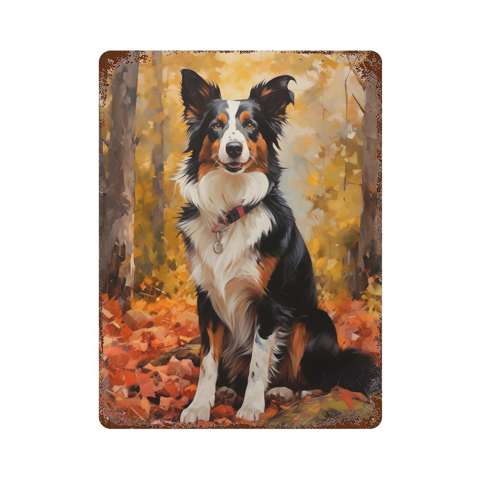 Autumn Border Collie Aged Metal Wall Plaque 15.7"x11.8", Old School Wall Decor for Garage, Pub Or Kitchen